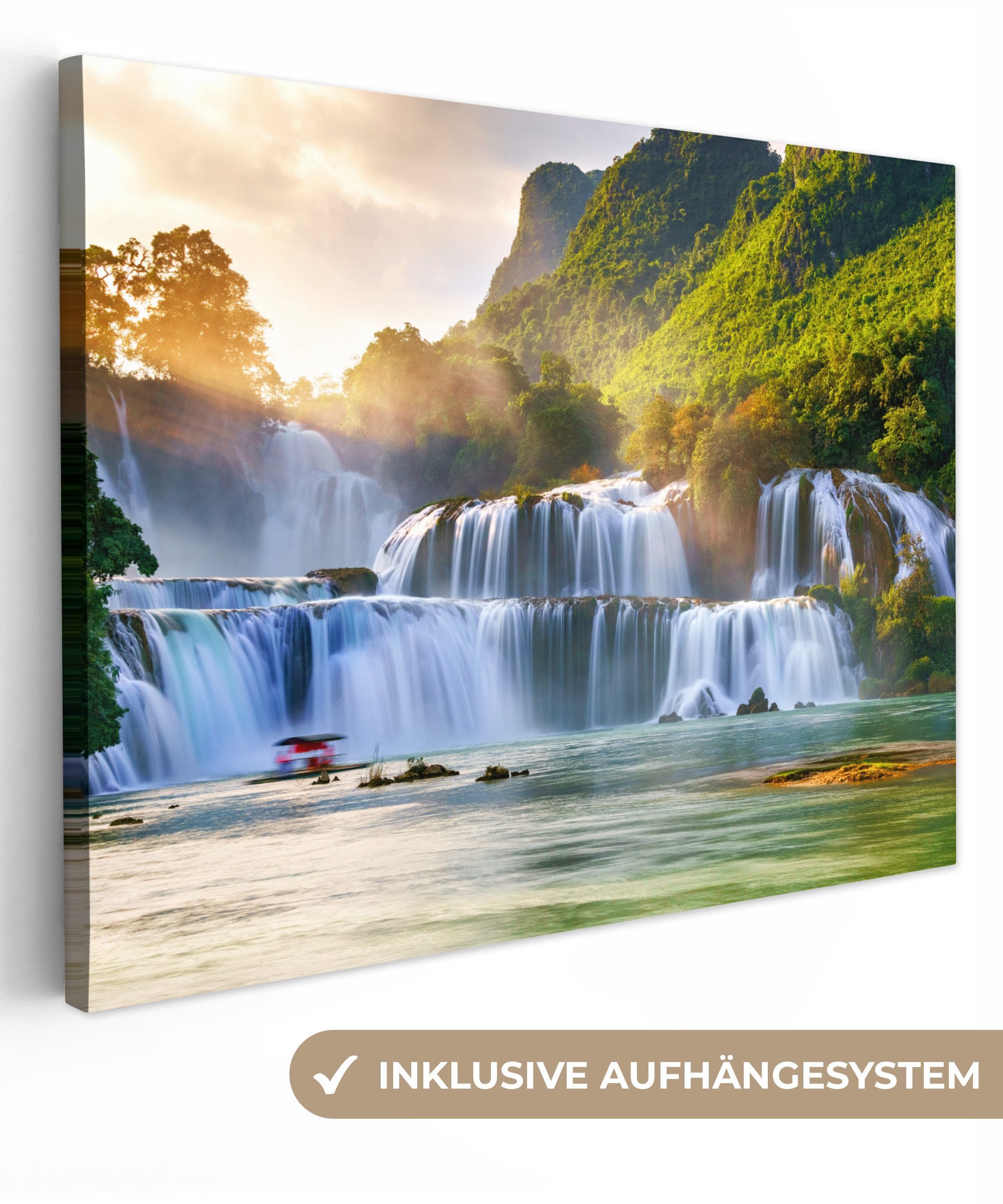 OneMillionCanvasses® Leinwandbild Wasserfall - Pflanzen - Sonne - Wasser - Natur, Fotodruck (1 St), Wandbild Leinwandbilder, Aufhängefertig, Wanddeko 40x30 cm
