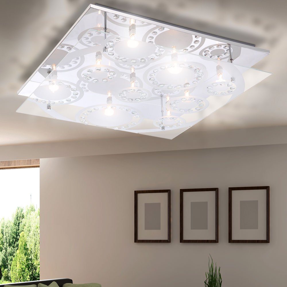 etc-shop LED Deckenleuchte, Leuchtmittel nicht inklusive, Chrom Beleuchtung Deckenleuchte Glas Kristalle Wohnzimmer quadratisch | Deckenlampen
