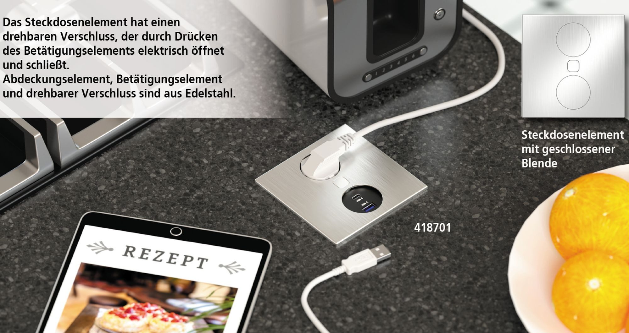 HPF Einbausteckdose Küche USB A/C Küchensteckdose Duplex-Q Steckdose Büro Einbau-Tischsteckdose (Kabellänge 2.00 m)