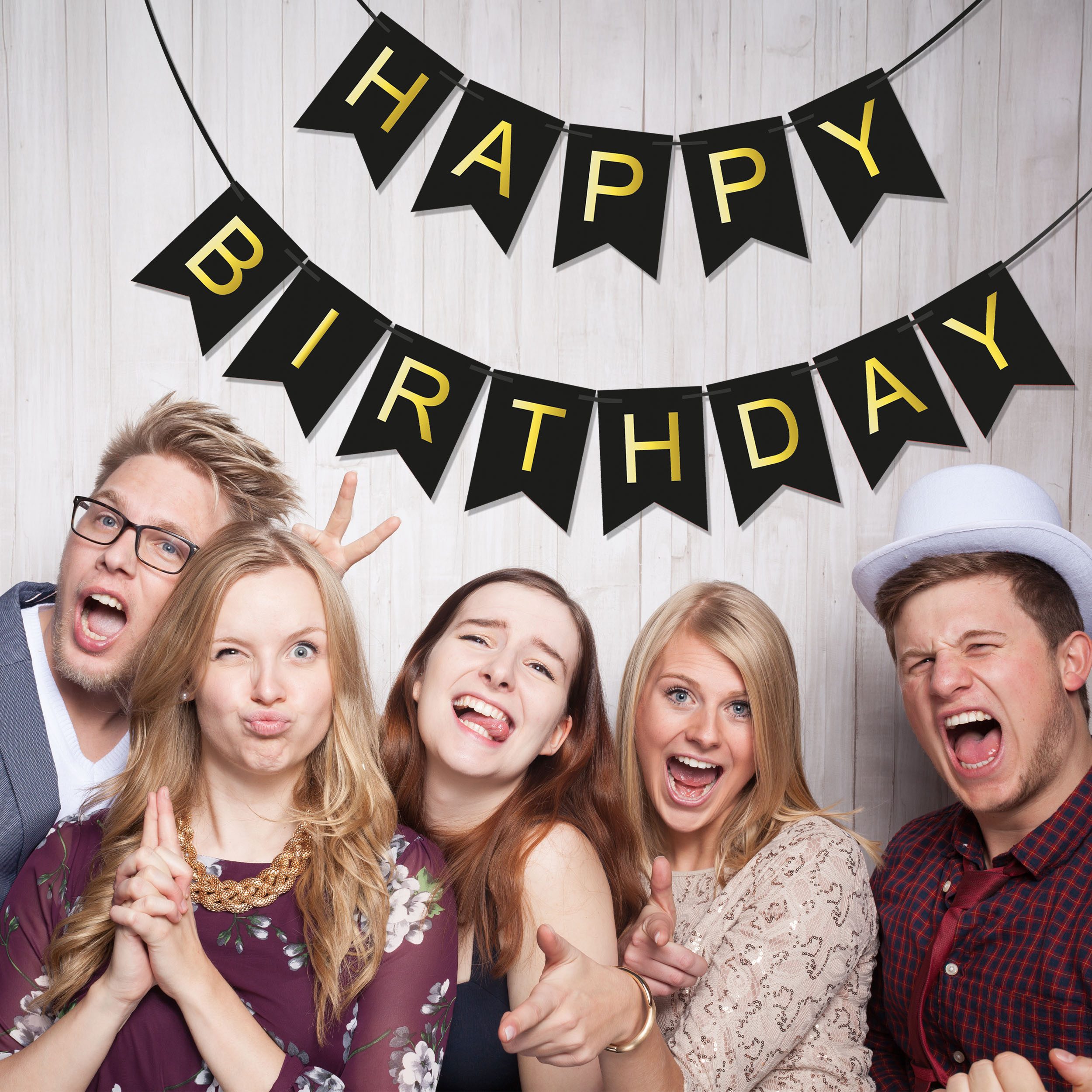 BRUBAKER Wimpelkette Happy Birthday - Geburtstag Girlande Schwarz Gold - Party Banner 5 m, Geburtstagsdeko für Erwachsene und Kinder - Geburtstagsdekoration