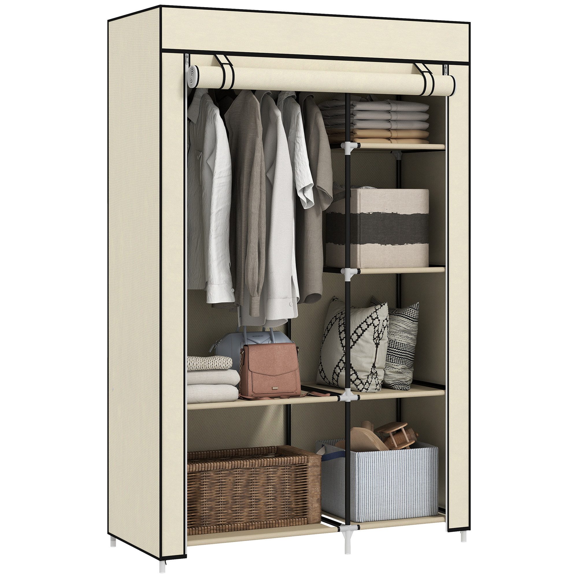 HOMCOM Stoffschrank Klappbarer Kleiderschrank Faltbare Garderobe in Vlies-Optik (Kleiderständer, 1-St., Faltschrank) Cremeweiß, 103 x 43 x 162,5 cm – Bild 2 von 5
