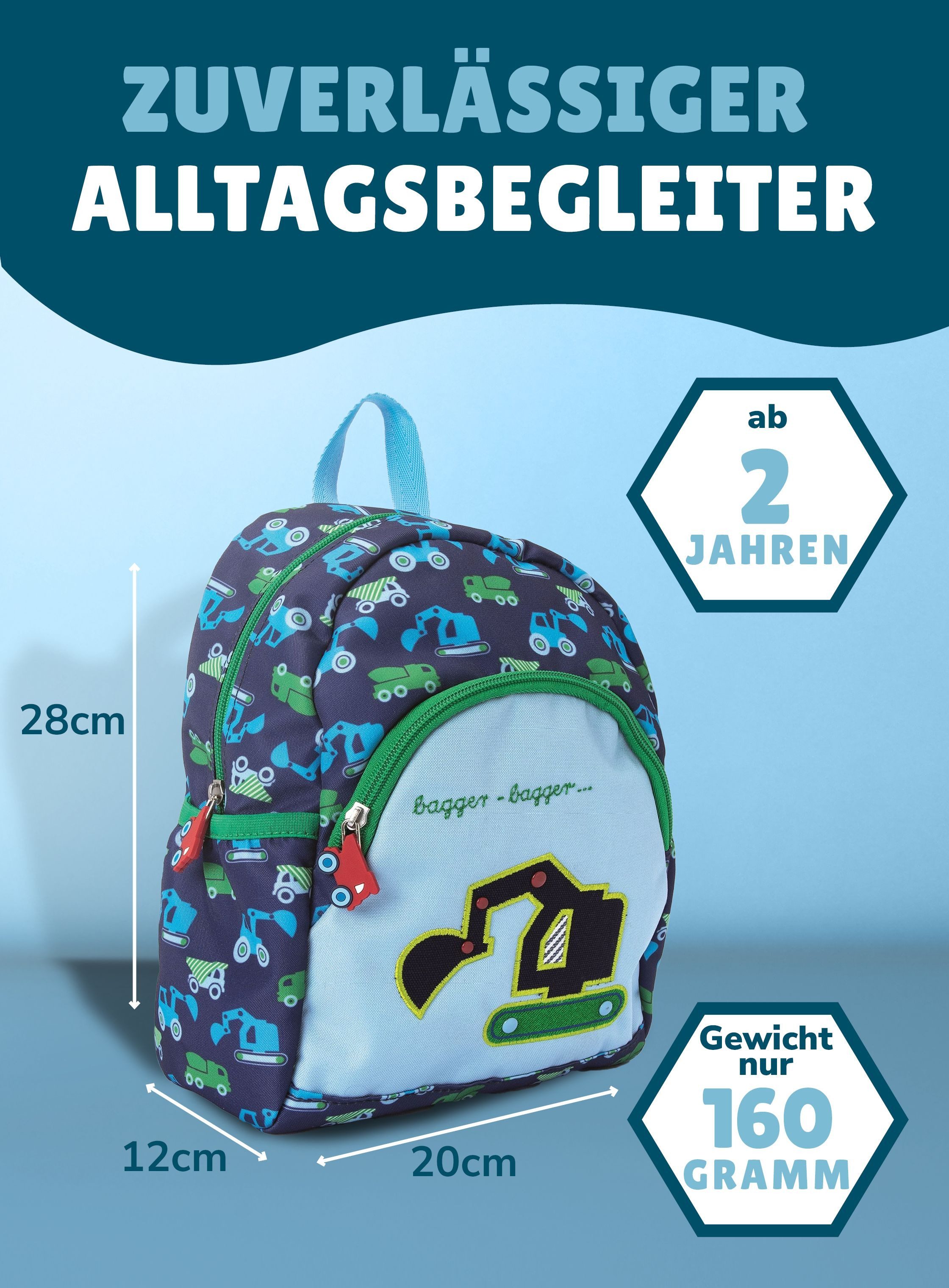COPPENRATH DIE SPIEGELBURG Kinderrucksack Rucksack Kleine Freunde BAGGER "Wenn ich mal groß bin...", mit Brustgurt; Applikation & Stickereien