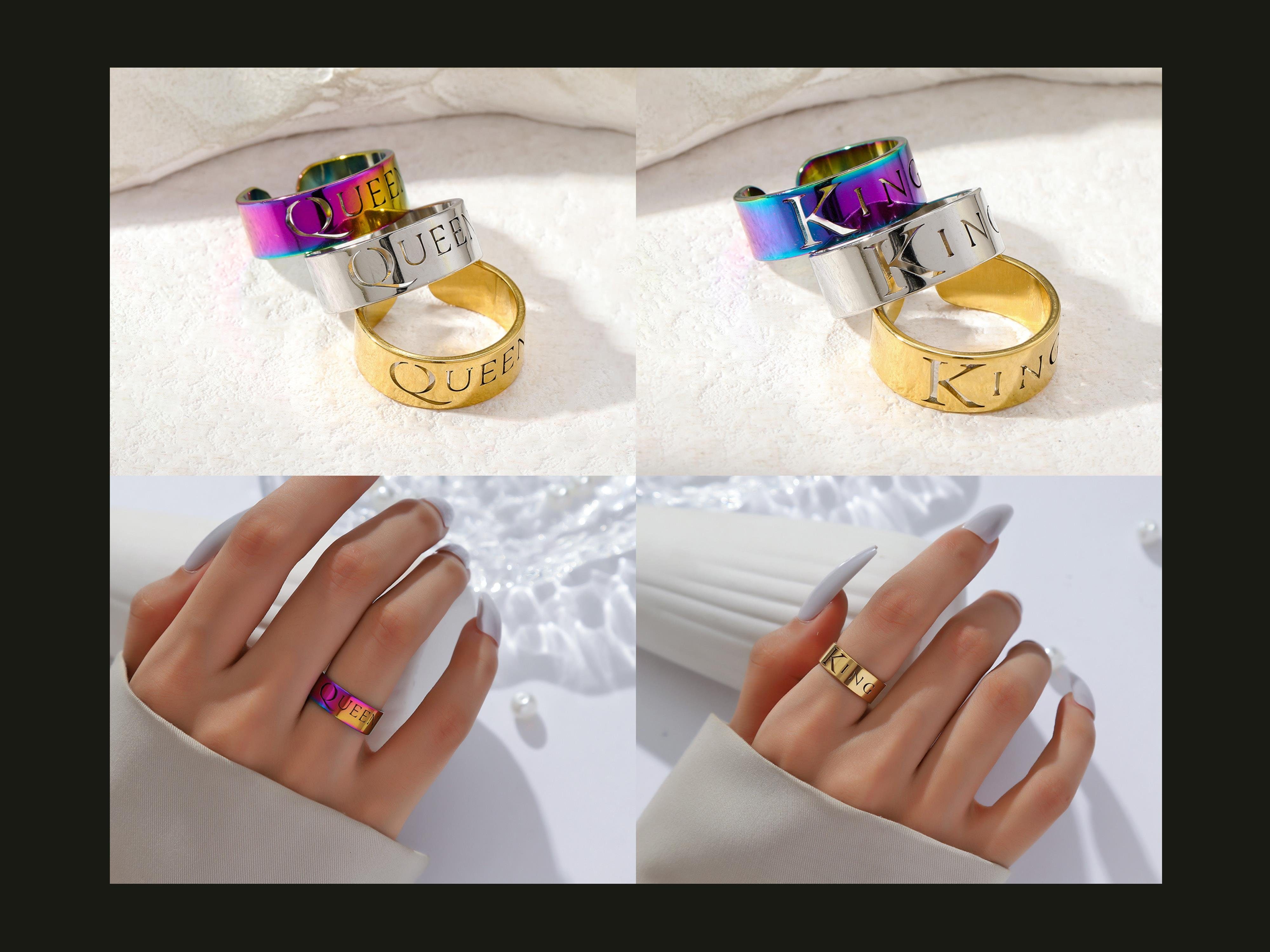 Eyecatcher Fingerring Queen und King Ringset für Paare Freunde verschiedene Farben, Statement Ring, King und Queen, Größenverstallbar