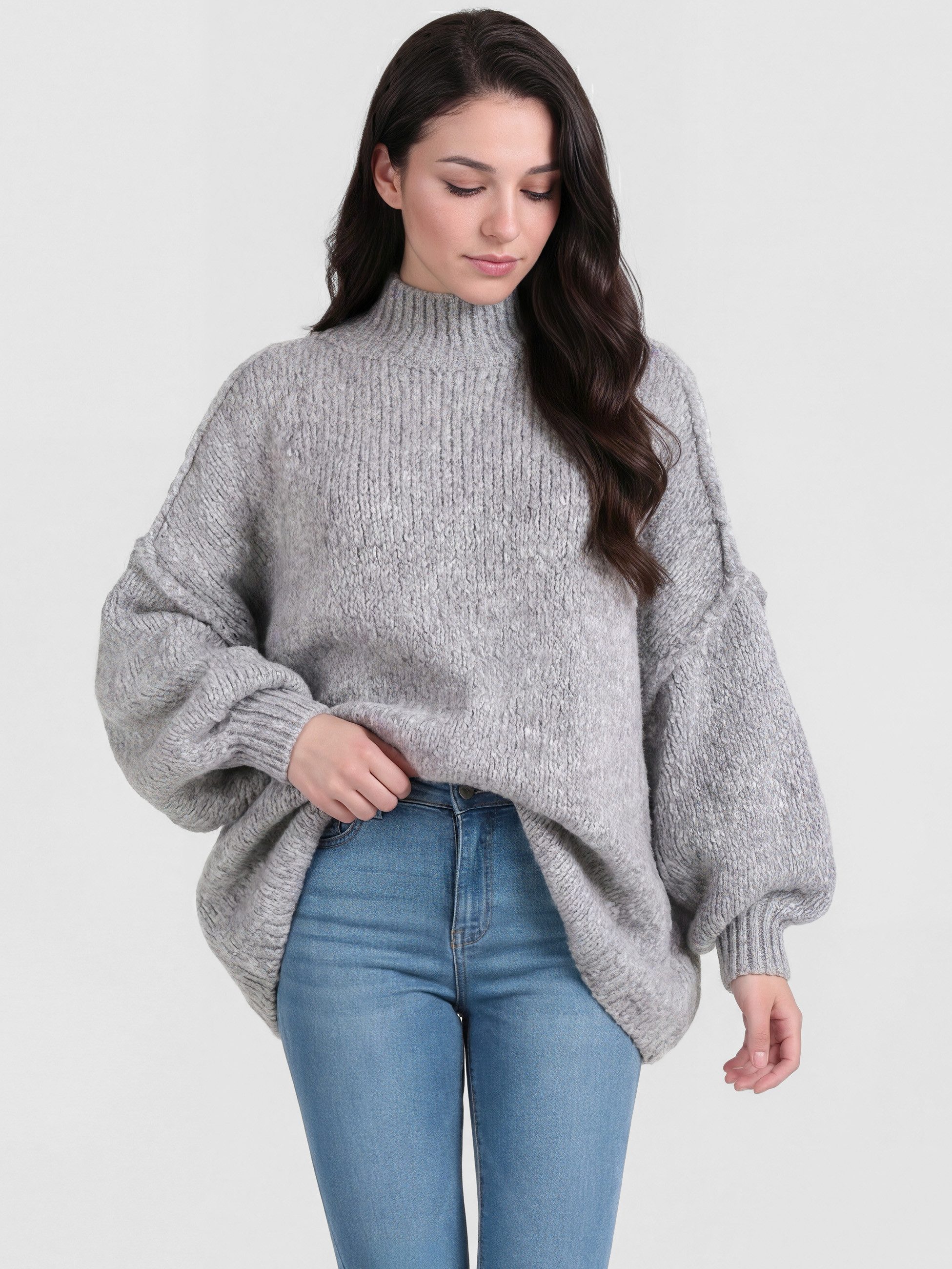 PEKIVESSA Strickpullover Ultra-Oversized Grobstrick-Pullover mit Ziernähten an den Ballonärmeln