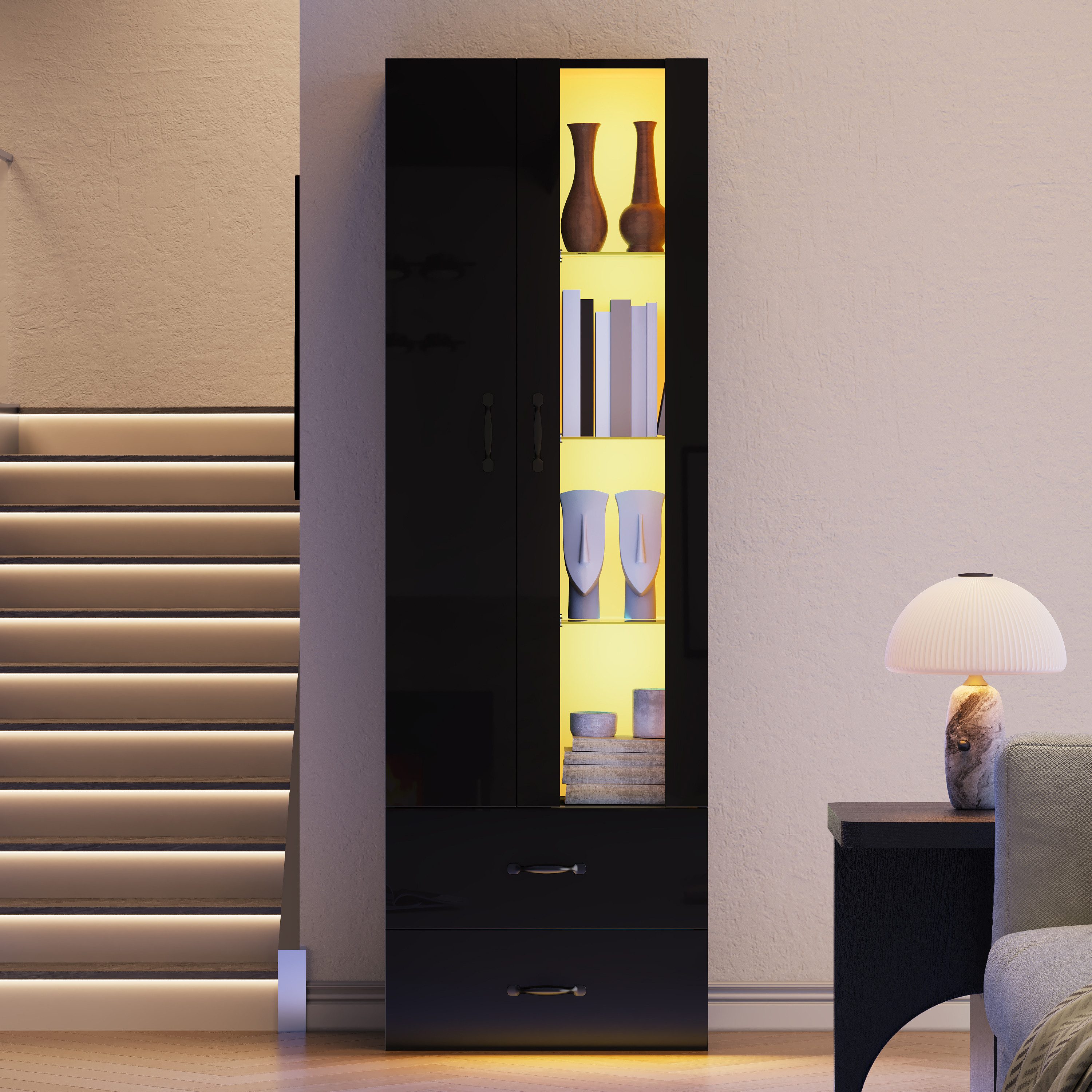 Merax Vitrine Standvitrine mit LED-Beleuchtung und Stauraum (1-St) Standregal Wohnzimmerschrank mit Acryl-Glastür & 2 Türen,60x35x182,5cm – Bild 3 von 5