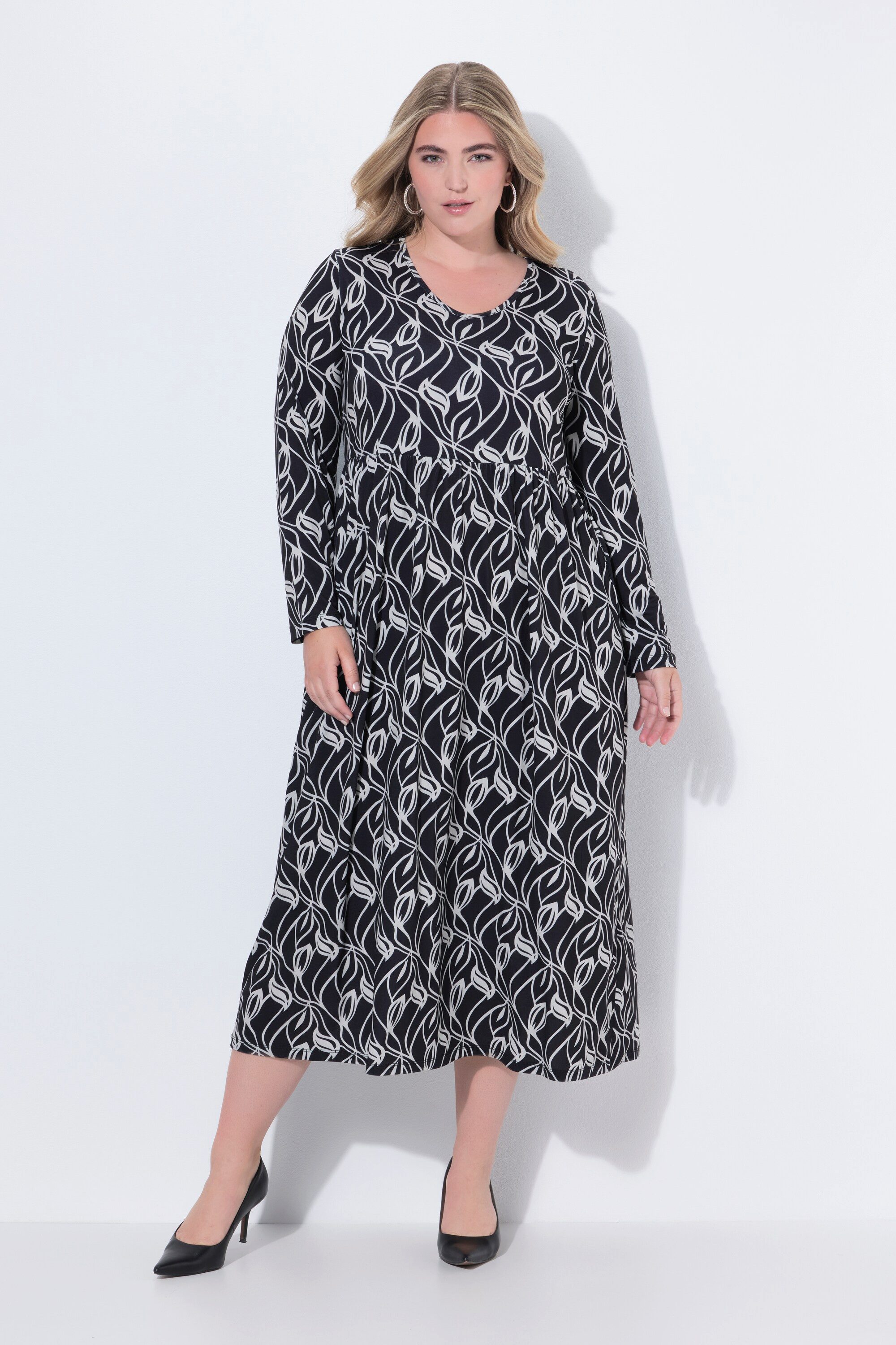 Maxikleid Maxikleid A-Linie V-Ausschnitt Langarm Taschen