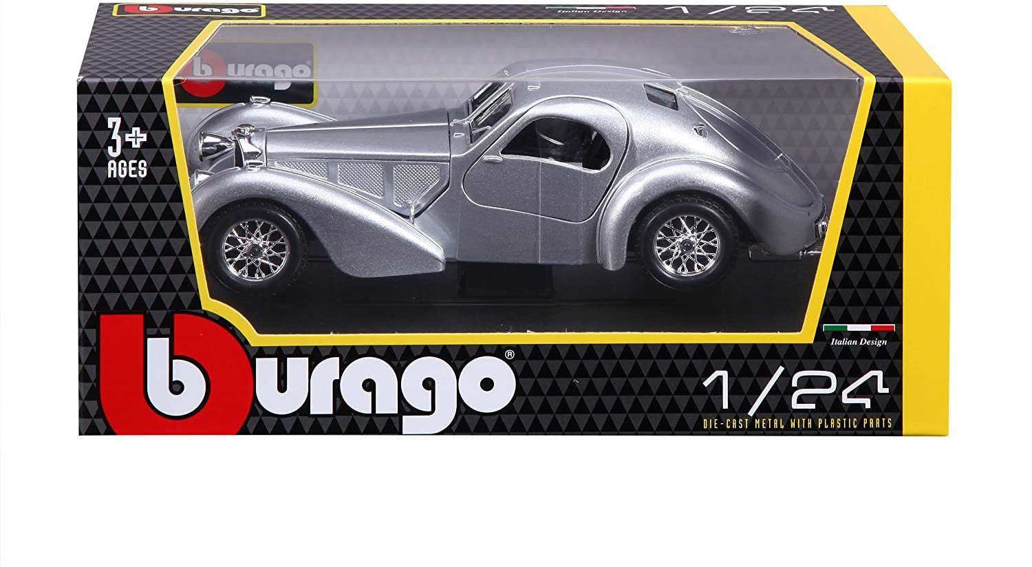 Bburago Modellauto Bugatti Atlantic (silber), Maßstab 1:24, Originalgetreue Innenausstattung