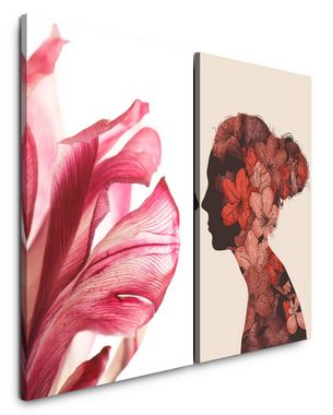 Sinus Art Leinwandbild 2 Bilder je 60x90cm Blumen Rot Silhouette Frau Romantisch Vintage Chic