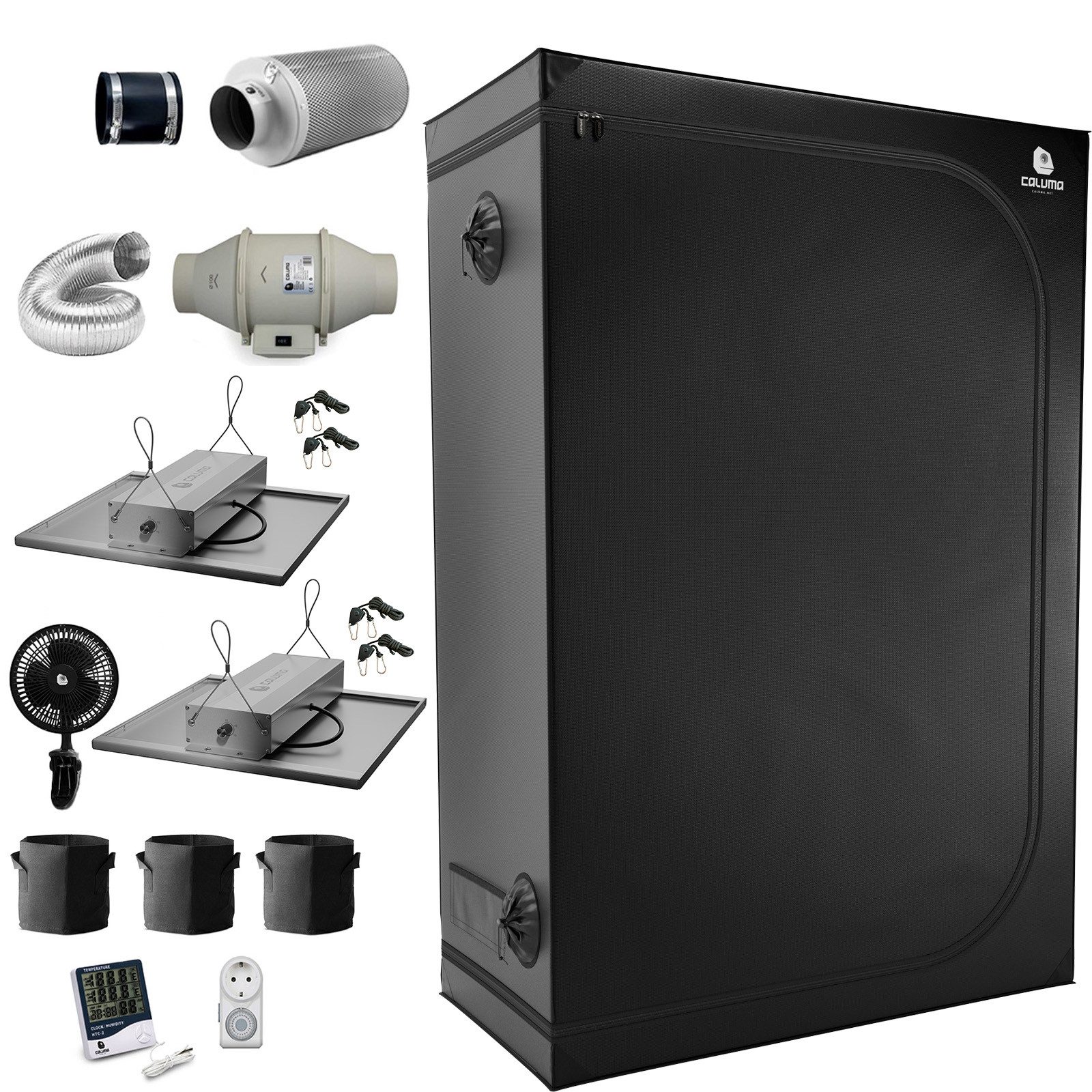 Caluma Gewächshaus Caluma Growbox Komplettset 60x120x180cm, 300W LED (2x 150W) 3 Pflanzen, BxTxH: 120 x 60 x 180 cm, Komplettset, Lampe,Zelt,Lüfter,Filter,Hygrometer,Töpfe,Ventilator,Uhr,Schloss, 60x120x180 cm,2x150W LED,Axiallüfter 295m³/h,Aktivkohlefilter 270m³/h