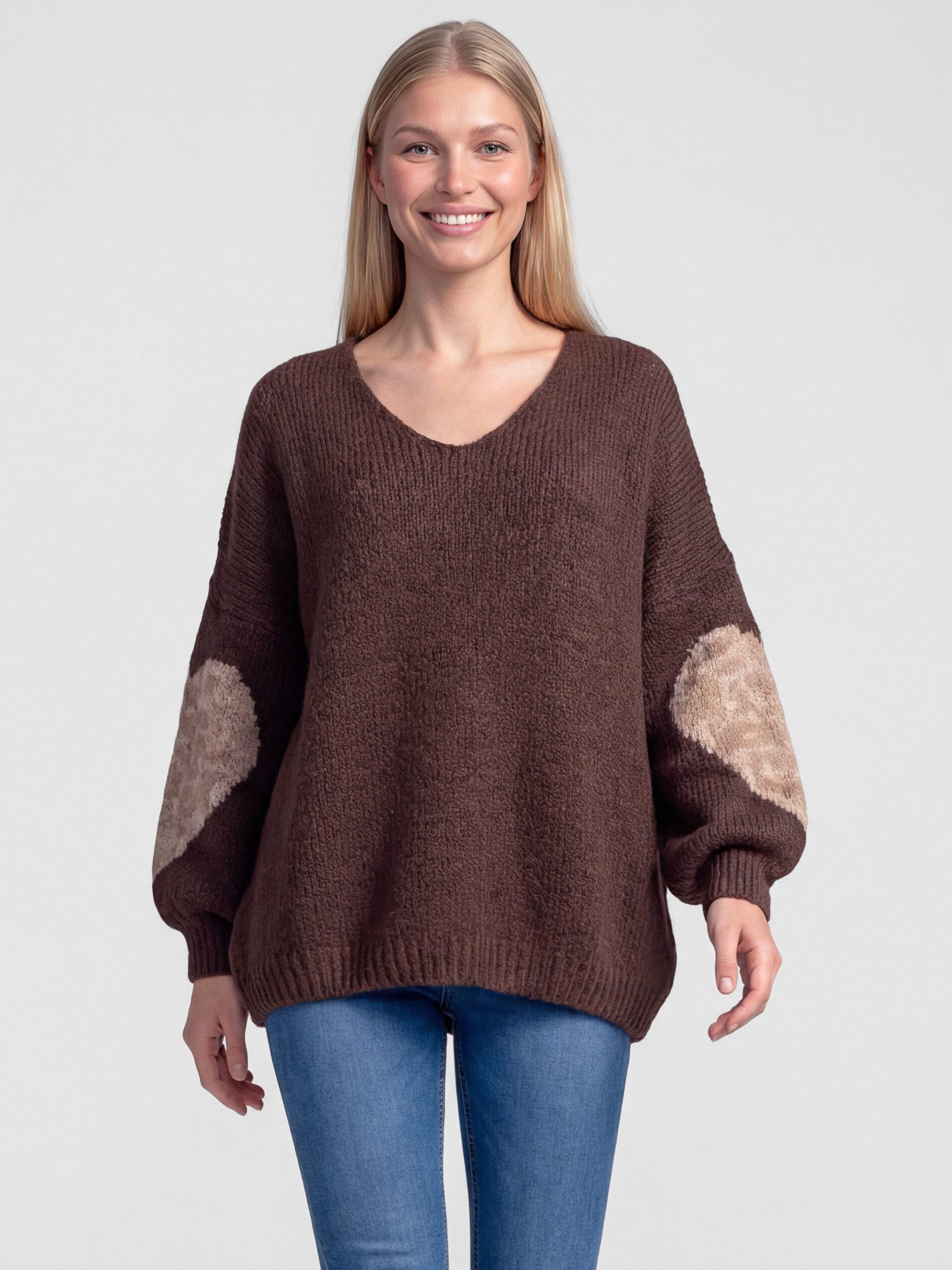 PEKIVESSA Strickpullover Oversized Pullover mit V-Ausschnitt Ärmel mit Herz-Motiv und Leopardenmuster