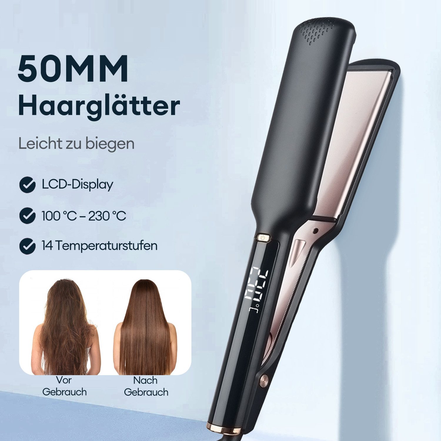 CkeyiN Pro Glätteisen Breit 50mm,14-Temp,Haarglatter Breit,100-230°C, Keramik, LCD-Display,Keramikbeschichtung Haarglätter,30s Schnellaufheizung, für dickes, krauses, lockiges und langes Haar