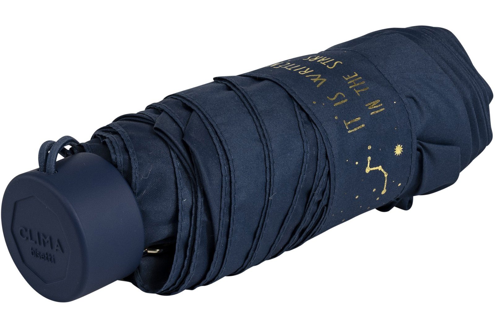 bisetti Taschenregenschirm Damen-Regenschirm, klein, goldenem blau, navy Aufdruck dem Schließband und auf stabil kompakt, mit