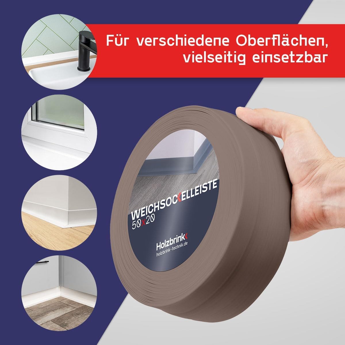 HOLZBRINK Sockelleiste HOLZBRINK selbstklebend PVC 50x20mm, 1 m, L: 100 cm, 1m Rolle, Küchenleiste Abschlussleiste für Badezimmer Farbe: Cappuccino – Bild 4 von 5