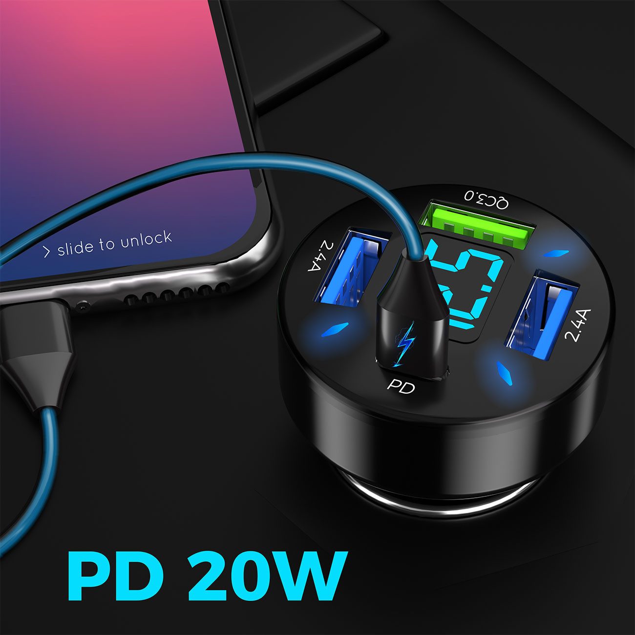 Casativo Beleuchtetes 4 Port Auto USB-Ladegerät USB-Ladegerät (1-tlg., 50 Watt, Spannungsanzeige, 1x USB-C & 3x USB-A) – Bild 4 von 5