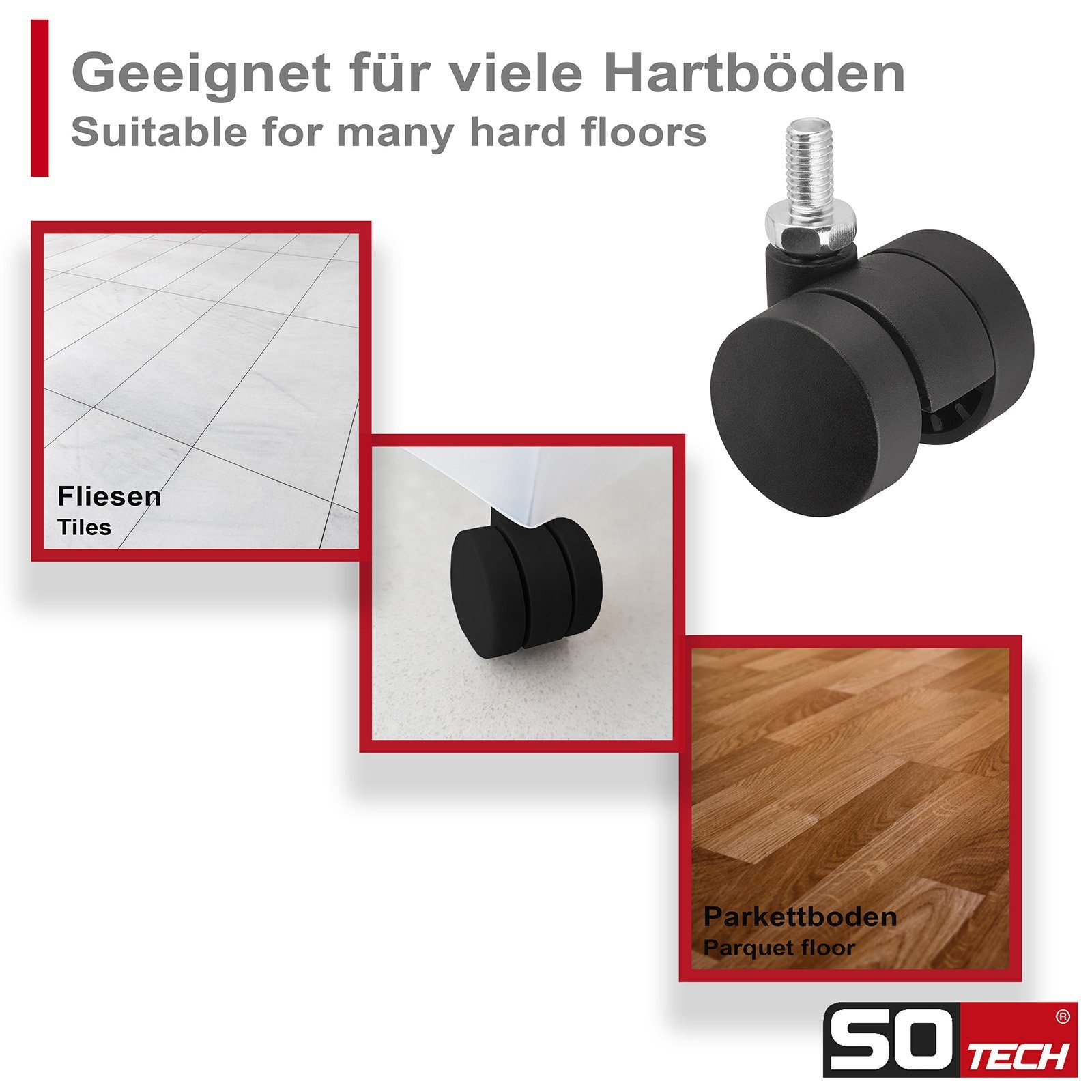 SO-TECH® Doppelrolle AACHEN Ø 35 mm Tragkraft pro Möbelrolle 40 kg, mit M8 Gewindestift – Bild 4 von 5