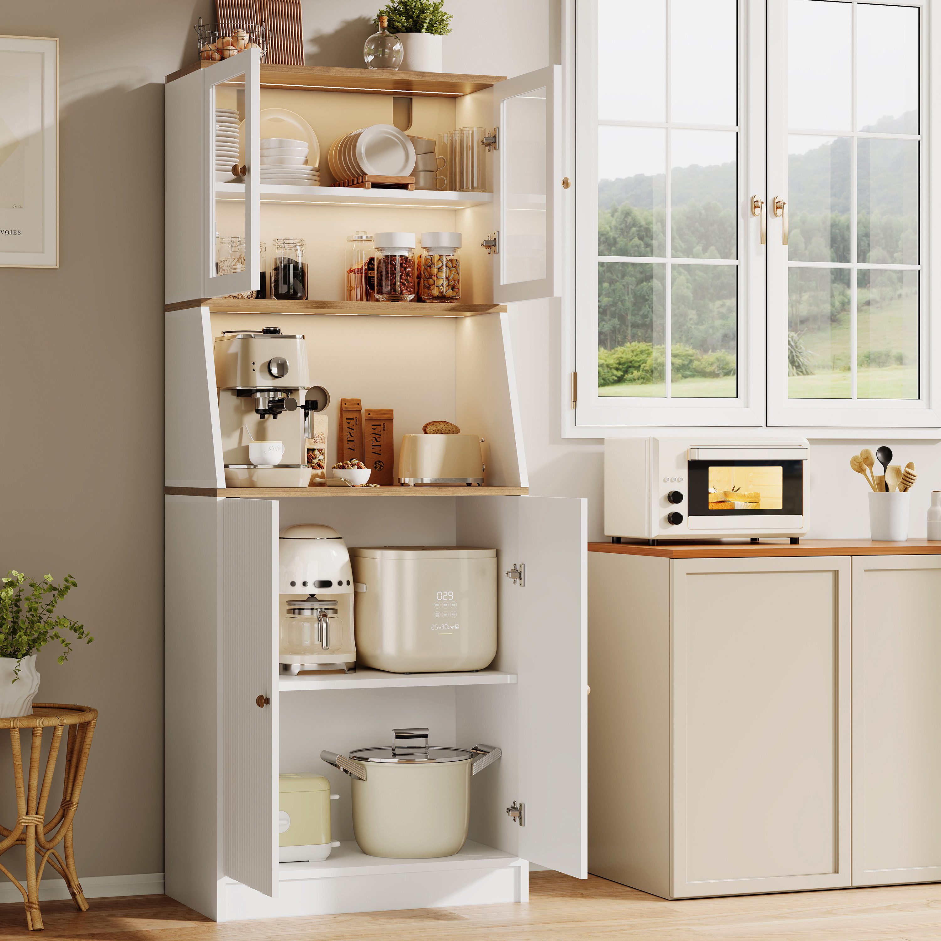 BELUPAI Küchenbuffet Hochschrank mit Glastüren and LED-Beleuchtung (Set, 1-St., Hoher Buffetschrank Weinschrank mit Verstellbaren Einlegeböden) Vorratsschrank für Küche, Wohnzimmer, Esszimmer, 180x70x40cm, Weiß