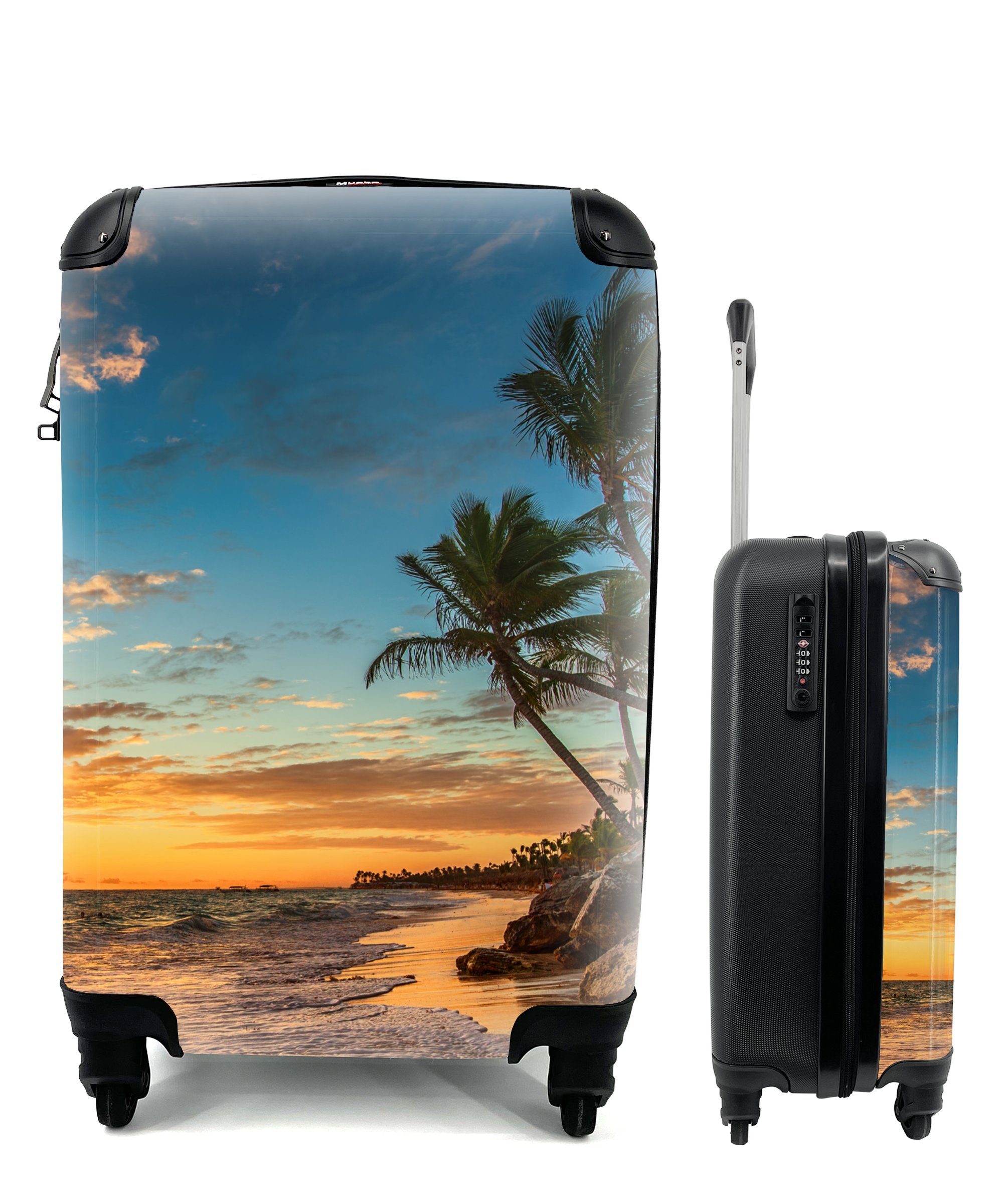 MuchoWow Handgepäckkoffer Strand - Sonnenuntergang - Meer - Palme, 4 Rollen, Reisetasche mit rollen, Handgepäck für Ferien, Trolley, Reisekoffer