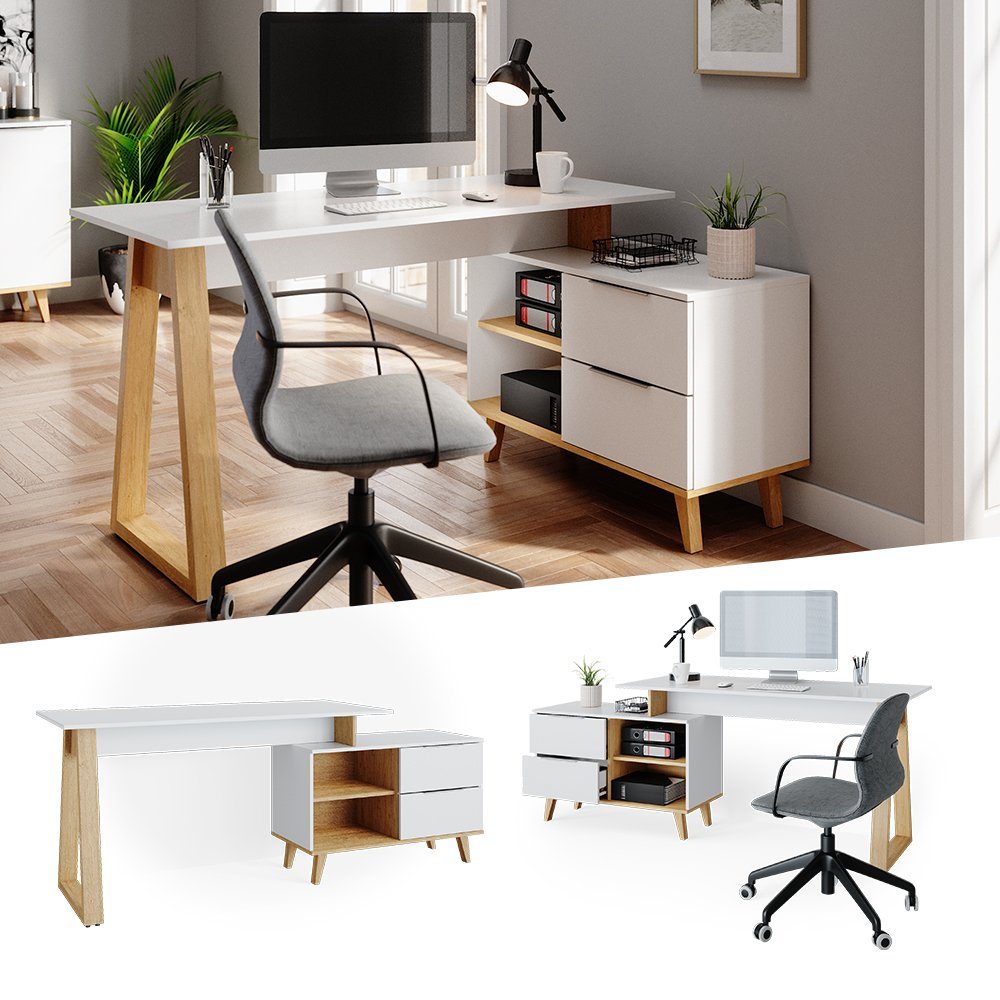 Vicco Schreibtisch Nautica, Weiß/Eiche, 138 x 60 cm mit Schubladen XL (1-St)