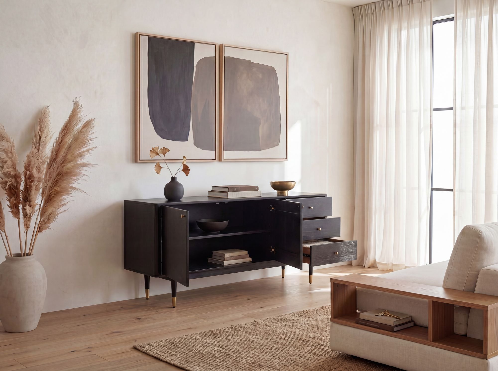 FINEBUY Sideboard FB110287 Akazie Massivholz 160cm 2 Türen 3 Schubladen Kommode Schwarz (160 cm Akazie Massivholz Schwarz, Kommode Hoch), Anrichte Modern, Standschrank Türen & Schubladen
