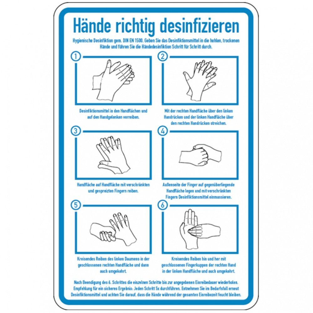 König Werbeanlagen Hinweisschild Hinweisschild, Hände richtig  desinfizieren, 300 x 200 mm - DIN EN 1500, Folie selbstklebend 1 Stk.