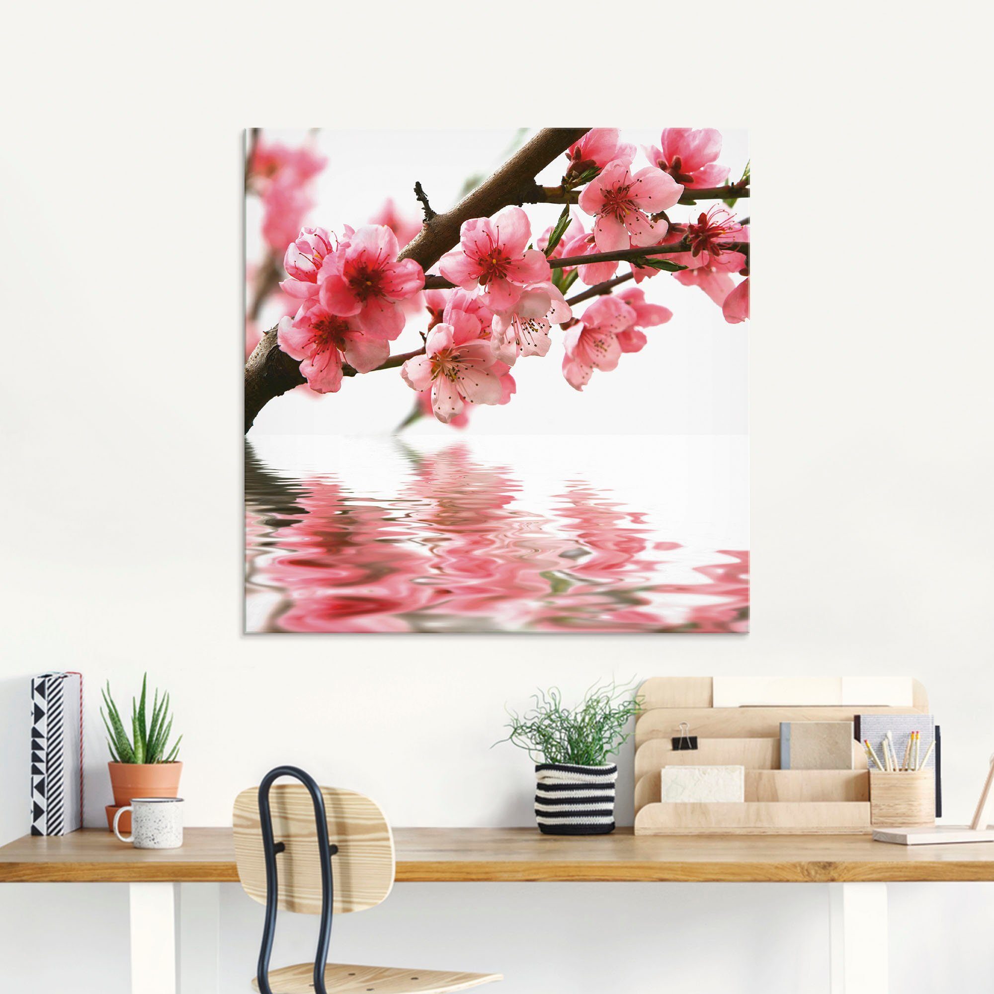 Artland Glasbild Pfirsichblüten reflektieren im Wasser, Blumen (1 St), in verschiedenen Größen