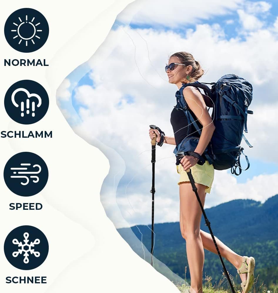 Sportisfaction Wanderstöcke Carbon Wanderstöcke Ultraleicht 260g Teleskop Trekkingstöcke 63-140cm, Ergo-Korkgriff Inkl. 5 Paar Aufsätze & Tasche Metall-Clip Ver – Bild 5 von 5