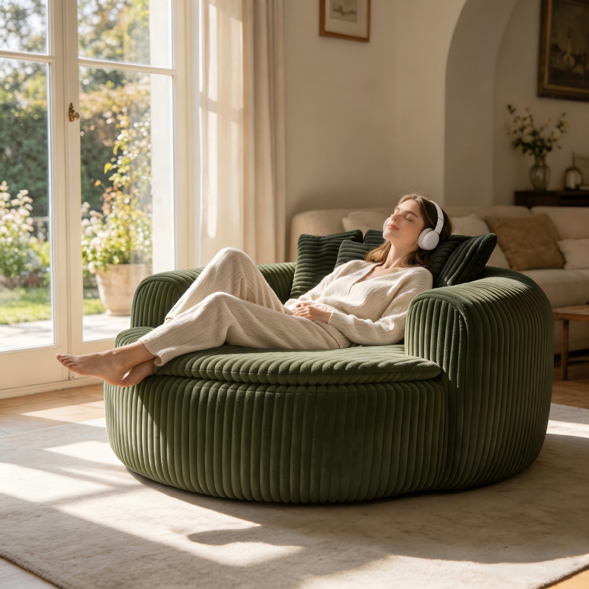 i@home Sitzsack Loungesessel Cord gepolstert, Relaxsessel Bodensessel (1 St., extrabreiter Sitzfläche und Armlehnen, rutschfest), Sessel mit Taschenfedern, 5 Kissen für Schlafzimmer & Leseecke 145 cm