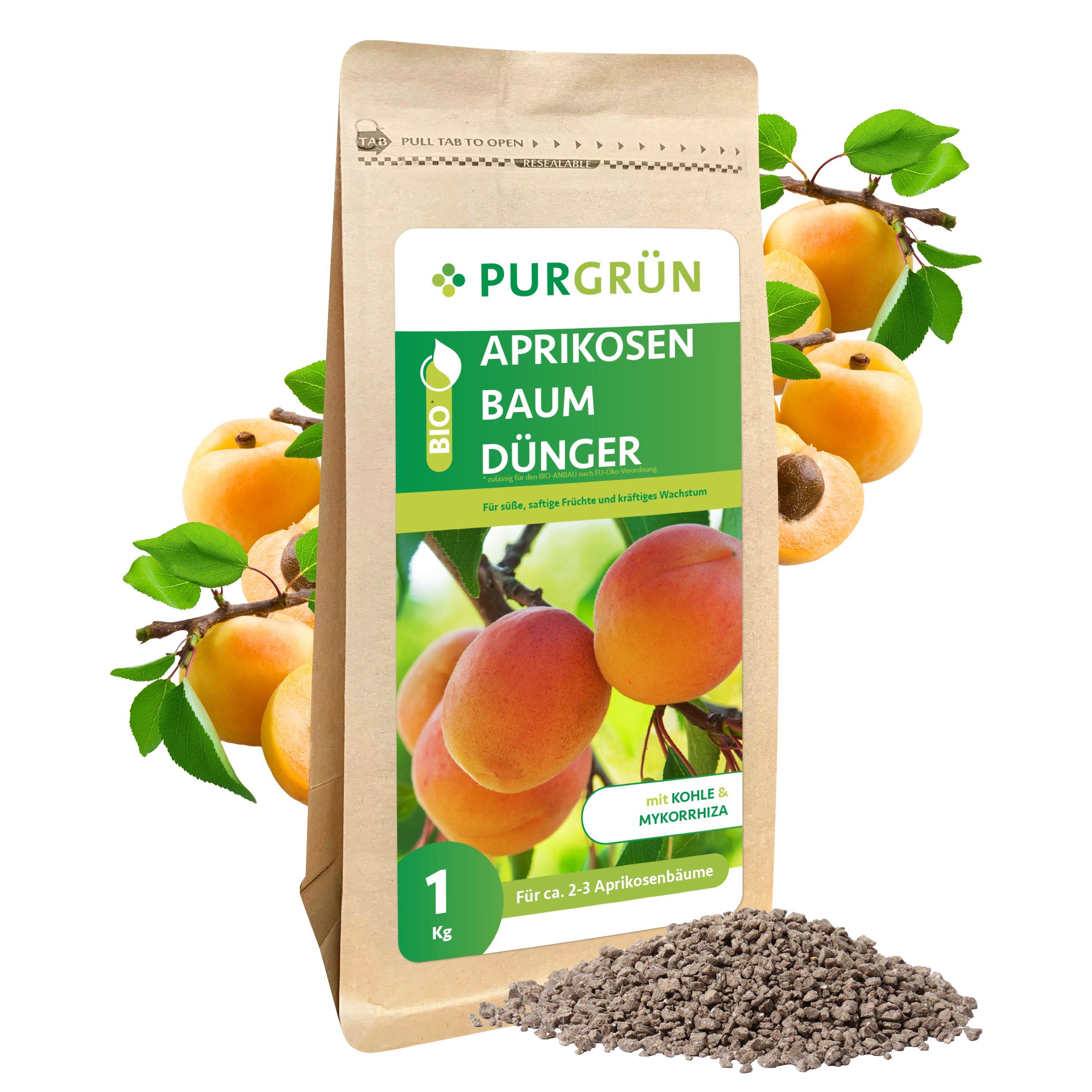 Obstdünger Purgrün Bio Aprikosenbaum Dünger, NPK 6+3+8, Magnesium, 1 kg