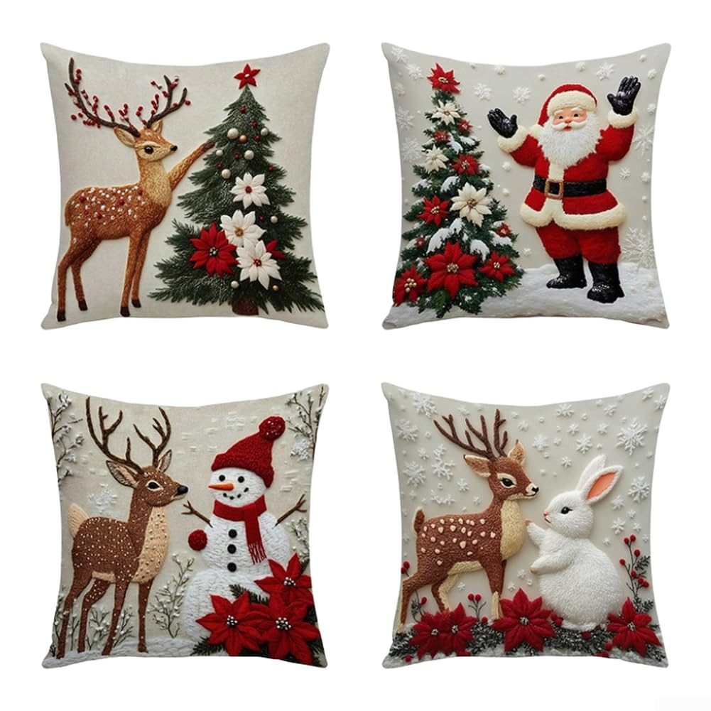 Coonoor Kissenbezüge Weihnachten Kissenbezug 45x45cm 4er Set Dekokissen Leinen Kissenhüllen, (4 Stück), für Deko Weihnachten Sofa Schlafzimmer Couch