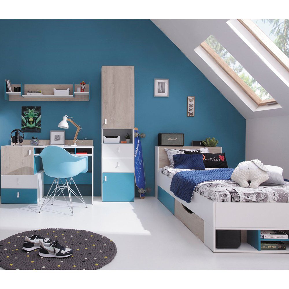 Lomadox Jugendzimmer-Set PITTSBURGH-133, (Sparset, 4-tlg), mit Bett 90x200 und Schreibtisch, weiß/Eiche/blau