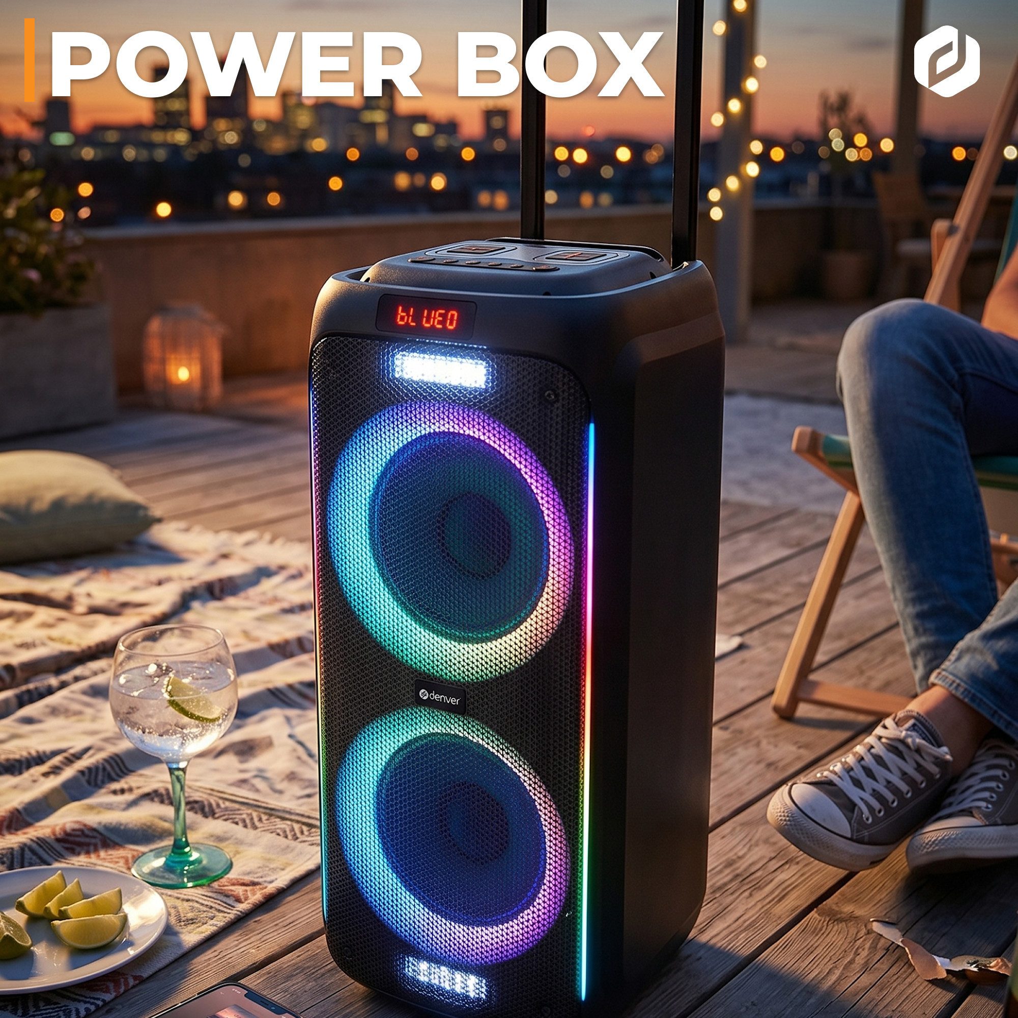 Denver TSP-456 Portable-Lautsprecher Stereo (2 Lautsprecher) (Bluetooth, 600 W, Trolley-Design, 2×8" Woofer, LED-Lichteffekte, inkl. Mikrofon, TWS)