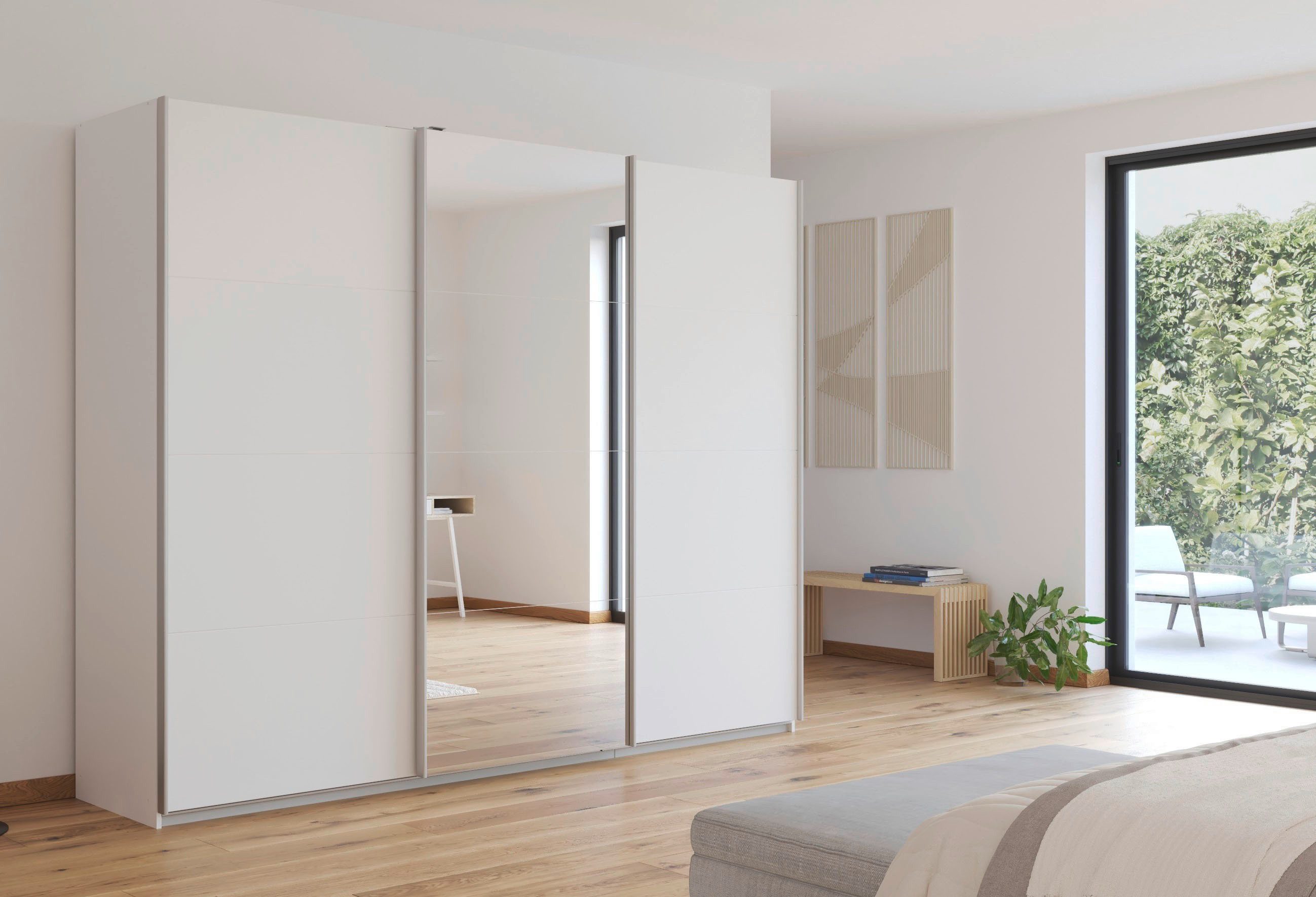 rauch Schwebetürenschrank Kleiderschrank Schrank Garderobe Wäscheschrank Ankleide KULMBACH (Breite 271 cm) in 2 Höhen erhältlich, mit Metallgriffleisten MADE IN GERMANY