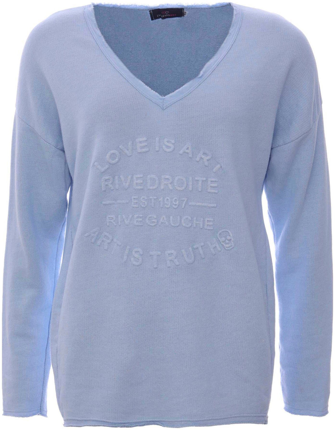 Zwillingsherz Sweatshirt ausgefranster V-Ausschnitt, Vintage Look, Langarm – Bild 2 von 5