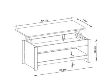 loft24 Couchtisch Eddie, Wohnzimmertisch mit Stauraum, auziehbare Tischplatte, Breite 105 cm