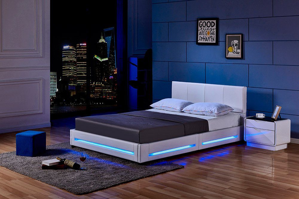 HOME DELUXE Bett LED Bett ASTEROID (Set, 2-tlg., inkl. Lattenrost & LED Beleuchtung), 180 x 200 cm gepolstertes Kopfteil, Polsterbett, Kunstlederbett