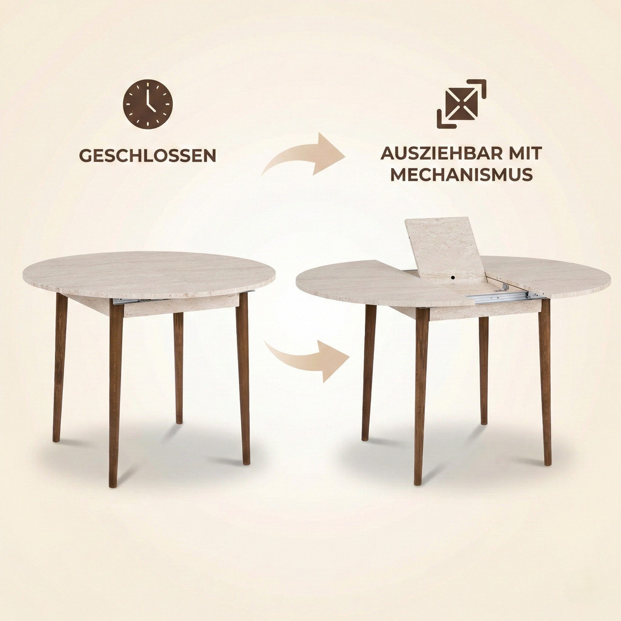 Skye Decor Esstisch Viola, Funktional Tisch mit ausziehbarer Tischplatte, Rund, Platzsparend