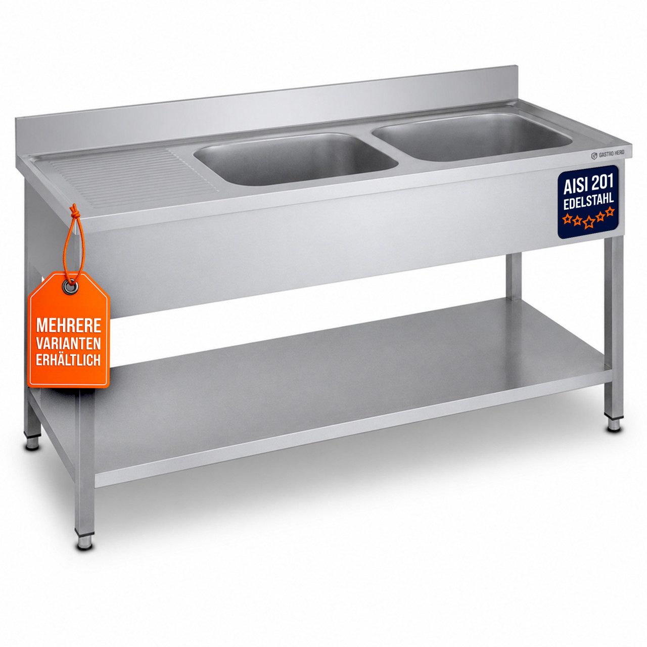 GastroHero Arbeitstisch Spültisch 160x60 cm - Edelstahl mit Becken - Gastro - Spüle
