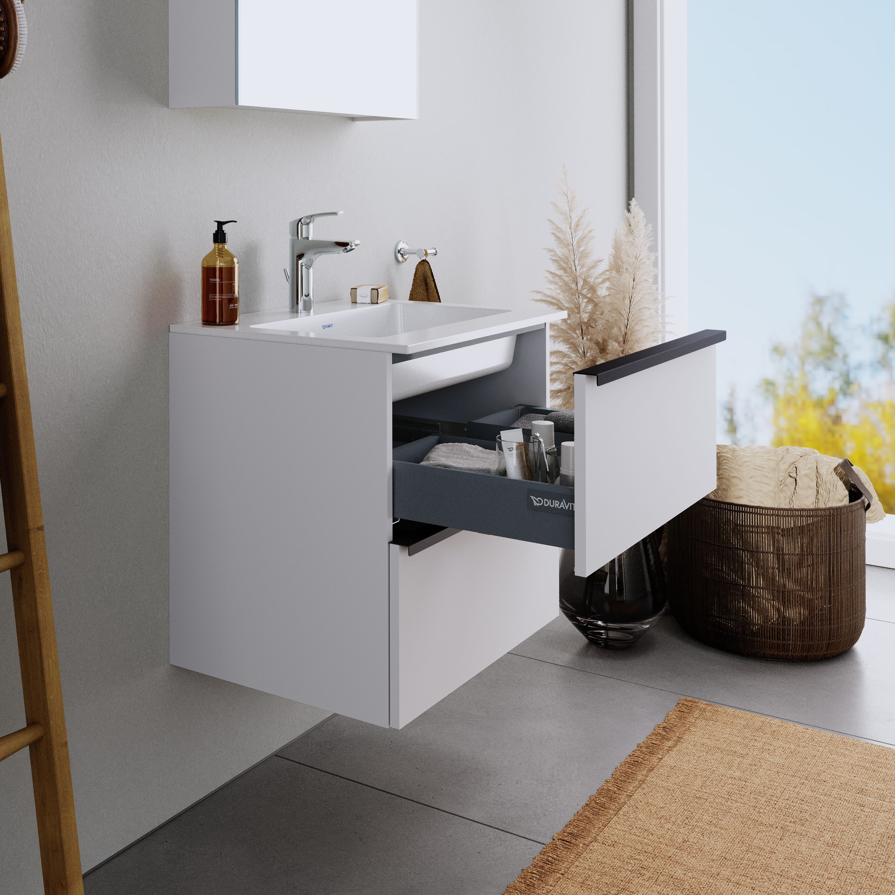 Duravit Badmöbel-Set DuraPoint Weiß matt 60cm Mineralguss, Badmöbel Set Unterschrank Mineralguss Waschbecken 2 Auszüge