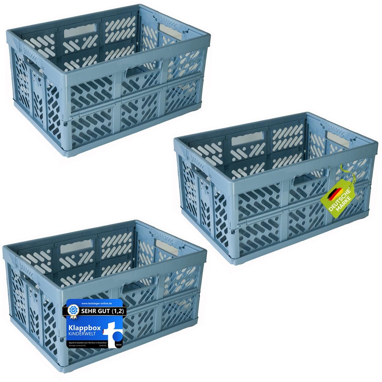 KiNDERWELT Klappbox 3x Premium Faltbox 45 L mit Soft-Touch Griffen, aus hochwertigem Kunststoff