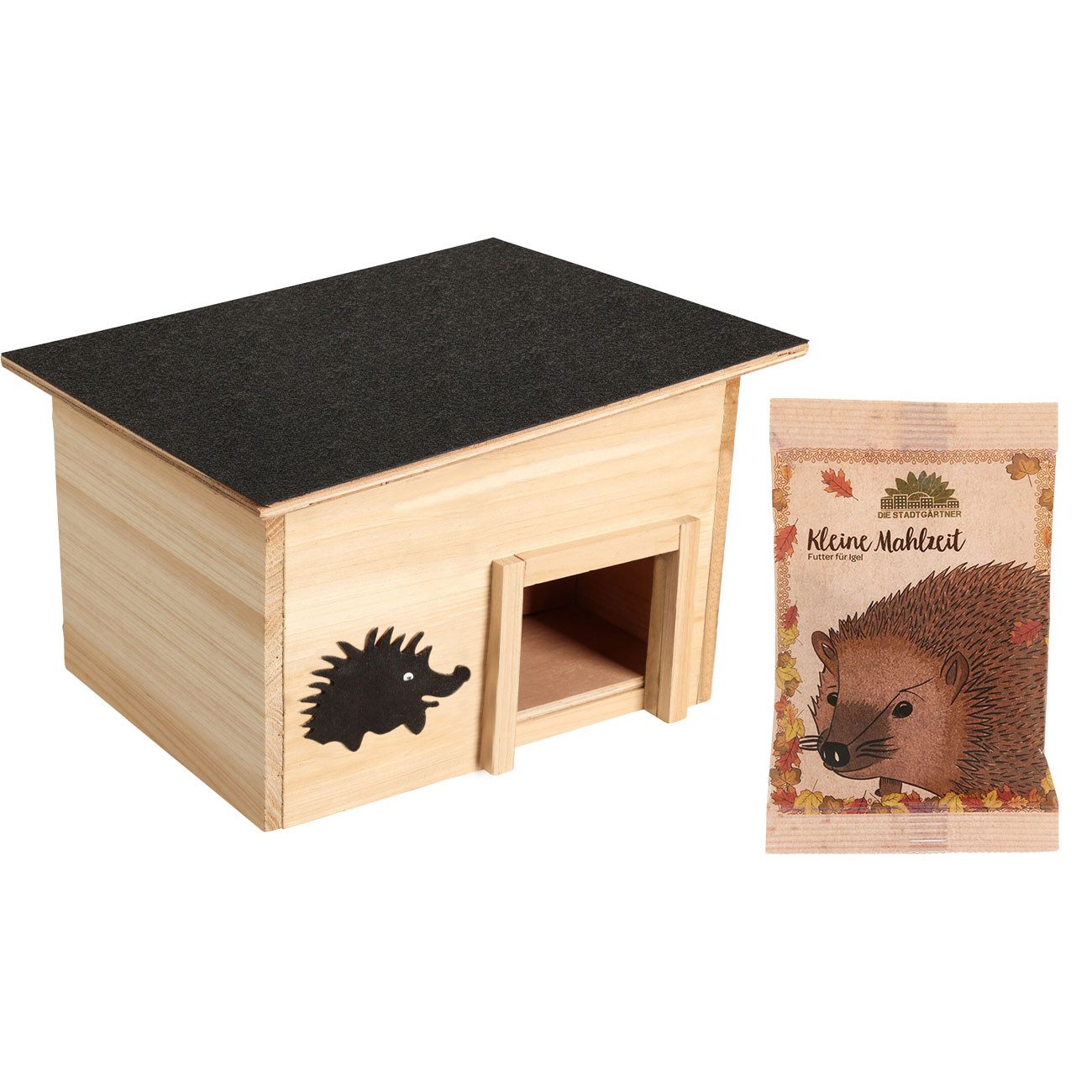 shop'n smile ideoon Igelhaus Premium-Igelhaus Bausatz aus Holz Labyrintheingang Igelfutter-Mahlzeit, Holz-Igelhaus Bausatz/wetterfestes Dach & 25g Igelfutter