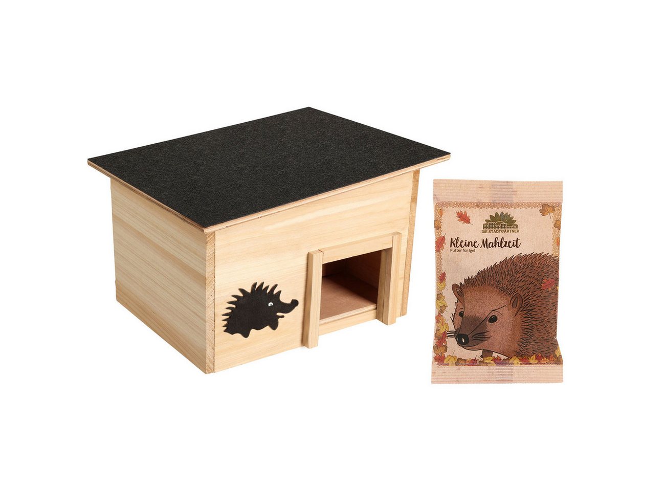 shop'n smile ideoon Igelhaus Premium-Igelhaus Bausatz aus Holz Labyrintheingang Igelfutter-Mahlzeit, Holz-Igelhaus Bausatz/wetterfestes Dach & 25g Igelfutter