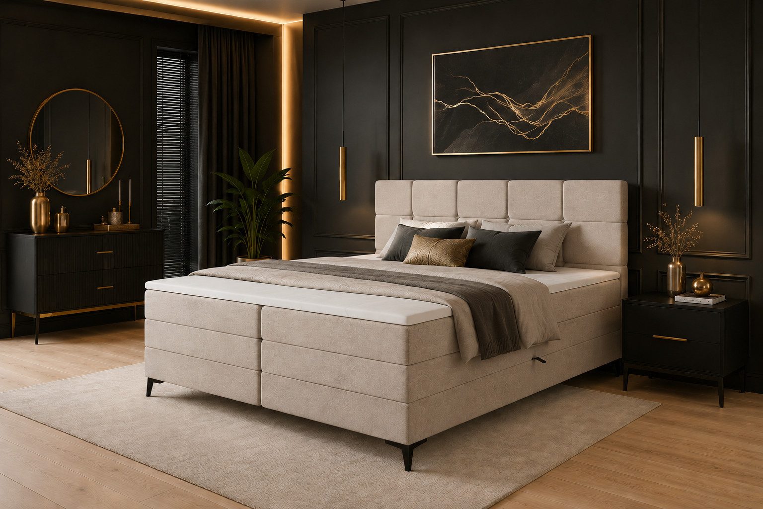 B&B Home Boxspringbett Soho mit Doppelmatratze & Topper 140 cm 160 cm 180 cm (Kopfteil, Bettkasten, Bonellfederkern- und Taschenfederkernmatratze, Topper), Doppelmatratze