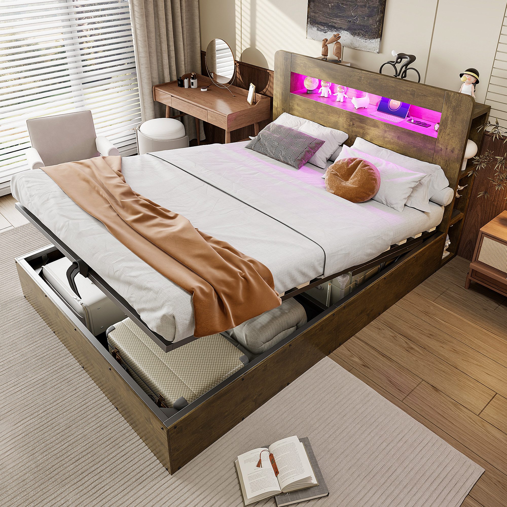 OKWISH Funktionsbett Holzbett Stauraumbett (mit Stauraum, hydraulischem Hubsystem, LED-Kopfteil und integrierten Steckdosen), ohne Matratze