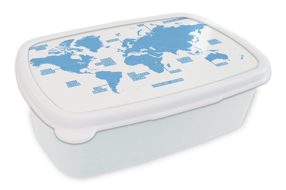 MuchoWow Lunchbox Weltkarte - Blau - Einfach, Kunststoff, (2-tlg), Brotbox für Kinder und Erwachsene, Brotdose, für Jungs und Mädchen weiß