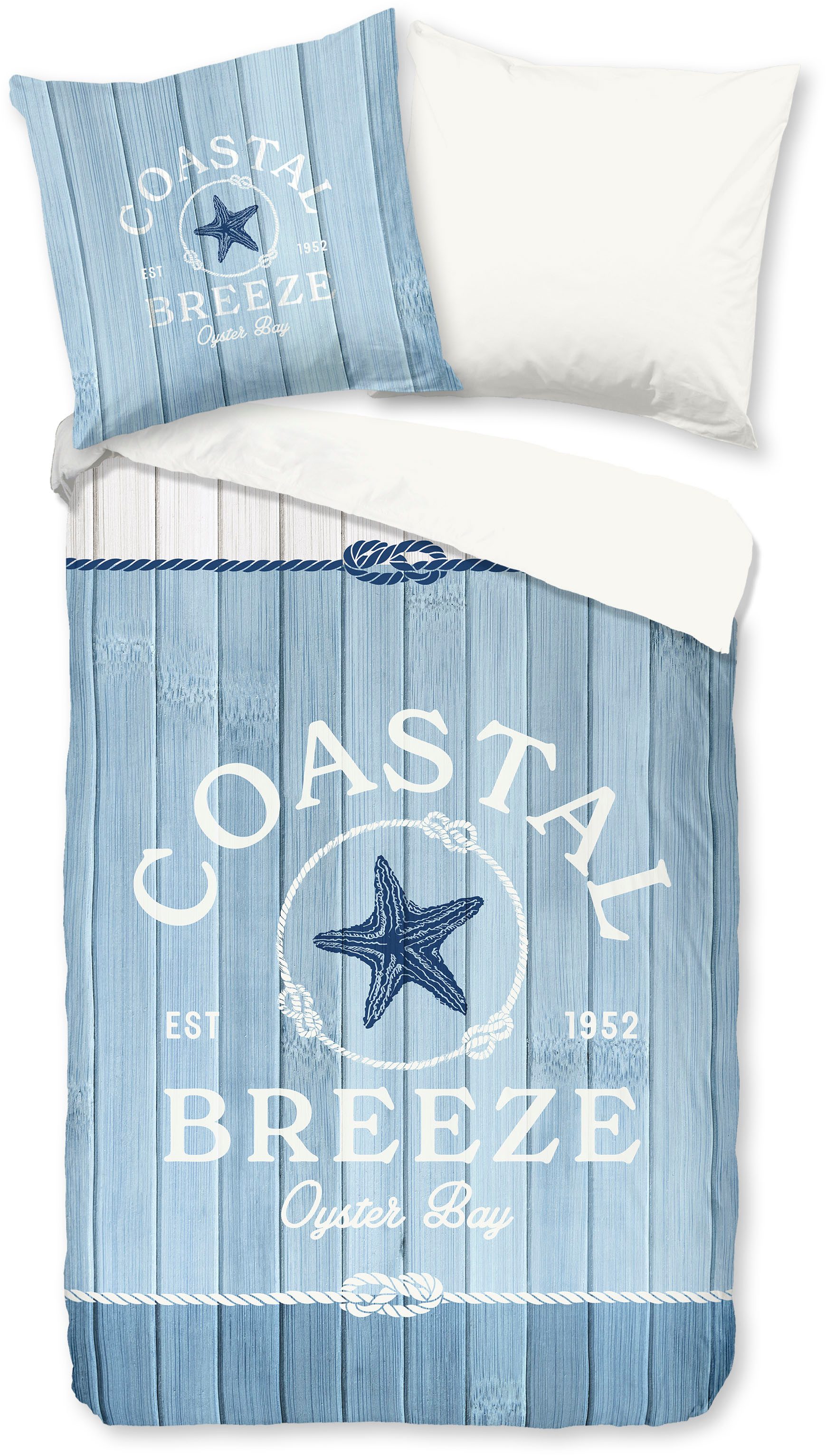 good morning Wendebettwäsche Breeze, Renforcé, 3 teilig, Baumwolle, Renforcé, Reißverschluss, Wendeoptik, strand, Holz, Blau