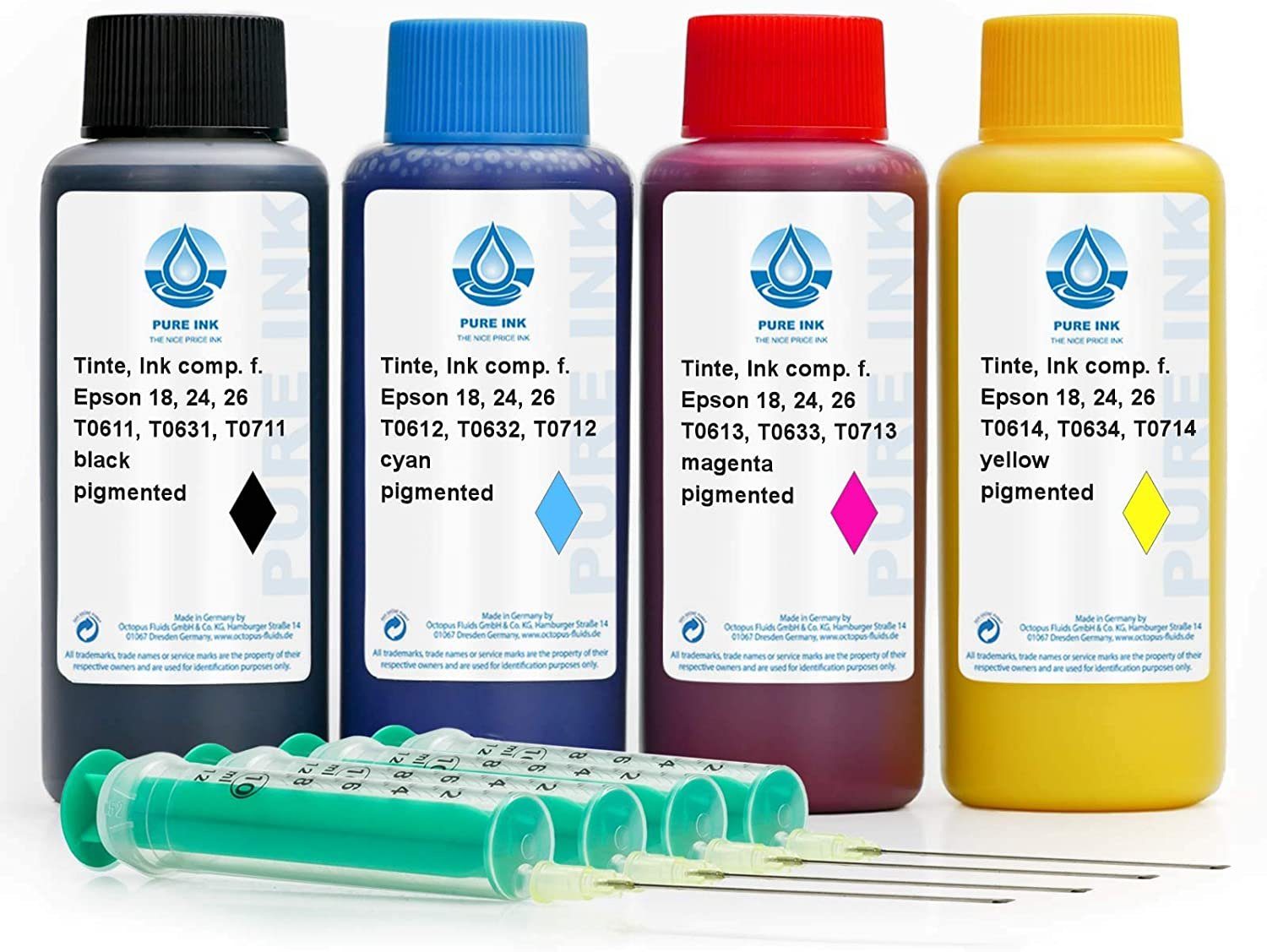 OCTOPUS Fluids Ink for Epson 16, 27, T061x, T063x, T071x, vier Farben Nachfülltinte (für Epson, 4x 100 ml)