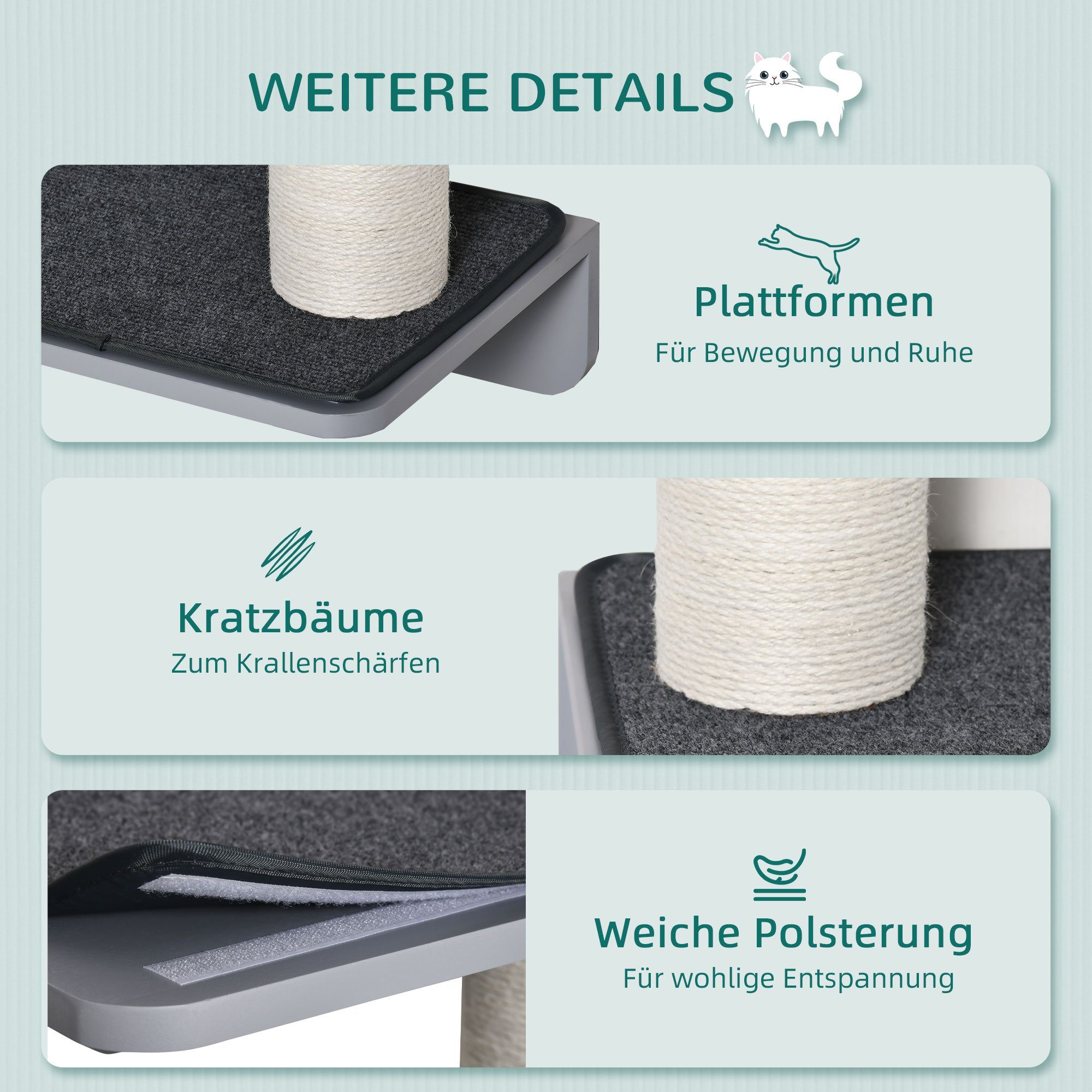 PawHut Kratzbaum Wandkratzbaum Katzenmöbel Wandmontage Holz, Hellgrau+Beige, 66B x 28T x 137H cm