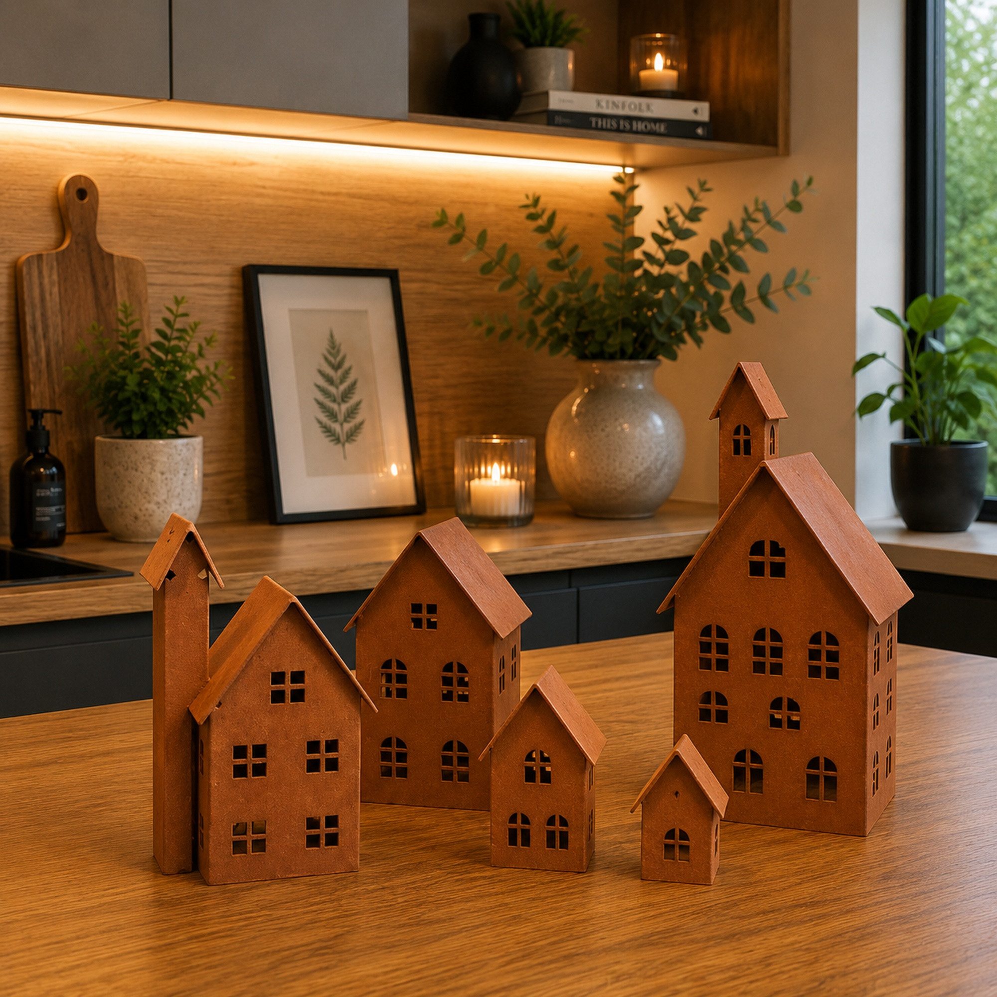 UNUS HOME Teelichthalter Deko Häuser Metall 5er Set (5 St., 5er Set verschiedene Farben), Dekohaus Metallhaus Teelichhäuser beleuchtbar für drinnen und draußen – Bild 2 von 5