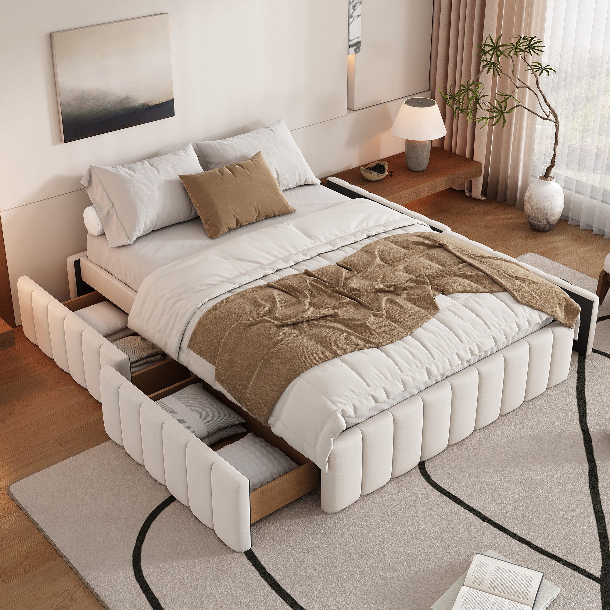 SOFTWEARY Futonbett mit Lattenrost und 4 Schubladen, 140x200 cm, ohne Kopfteil, Bezug aus Samt, gepolstert – Bild 2 von 5