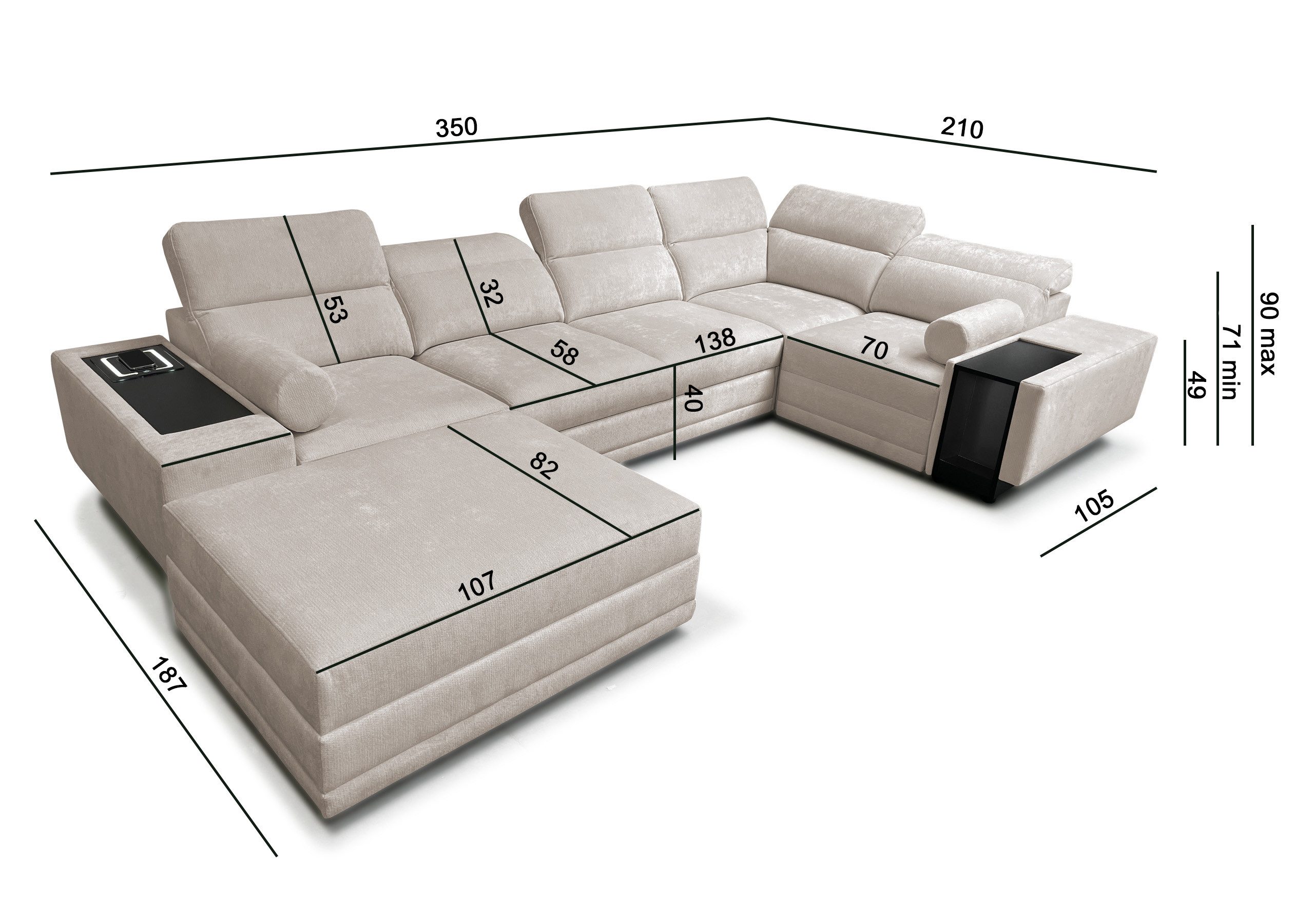 Möbel für Dich Wohnlandschaft Enzo 4 – in U-Form mit Schlaffunktion, Hocker und 2 Bettkästen, mit Ablagen und verstellbaren Kopfstützen – Bild 4 von 5